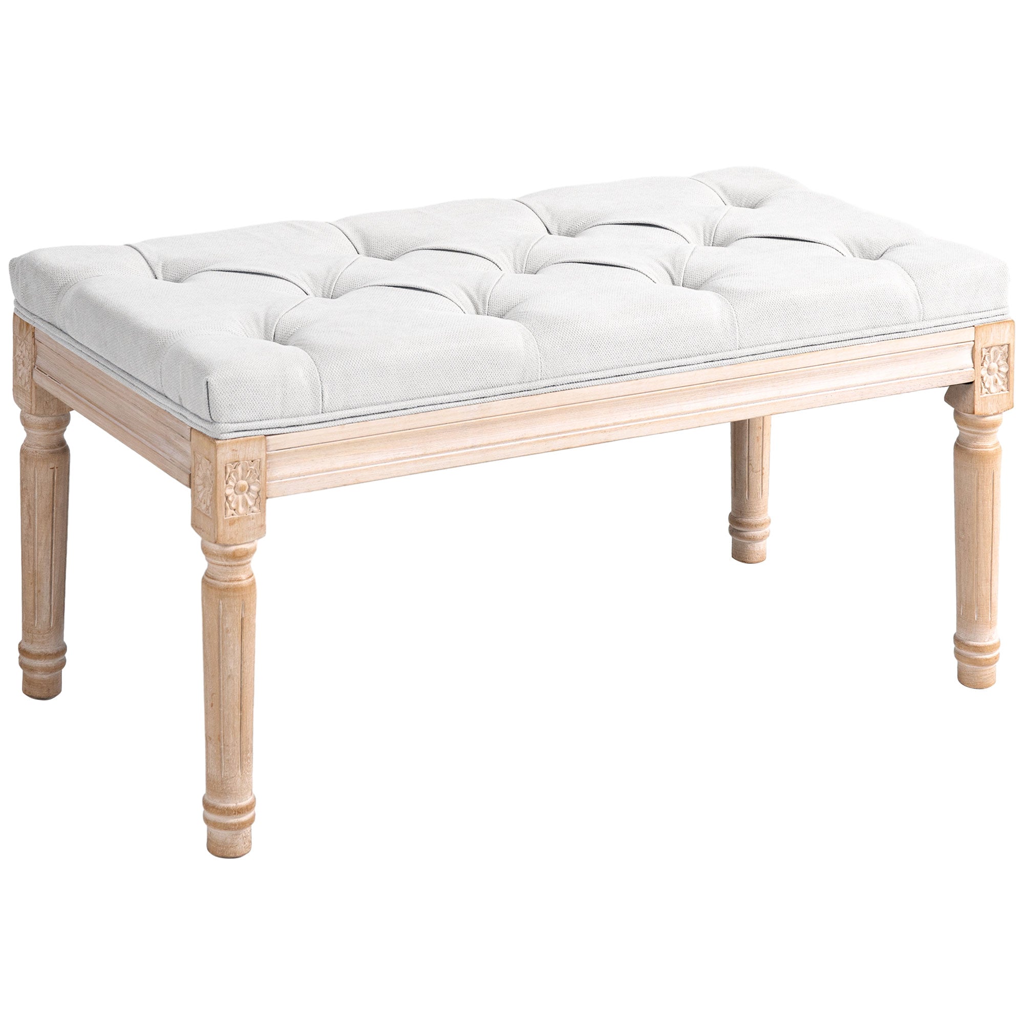 32" Linen Upholstered Bedroom Bench with Thick Padded Cushion and Wooden Legs, Cream White