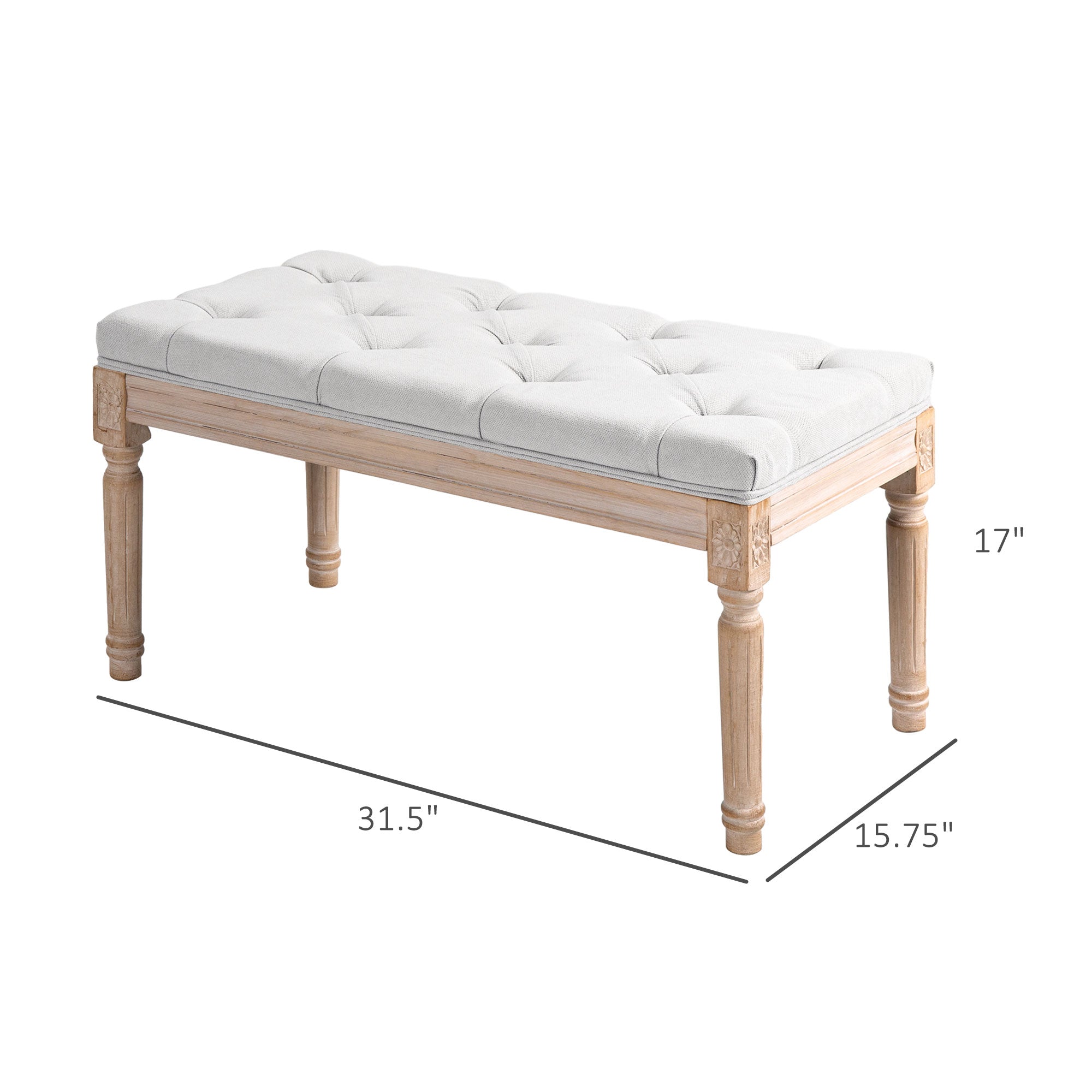32" Linen Upholstered Bedroom Bench with Thick Padded Cushion and Wooden Legs, Cream White