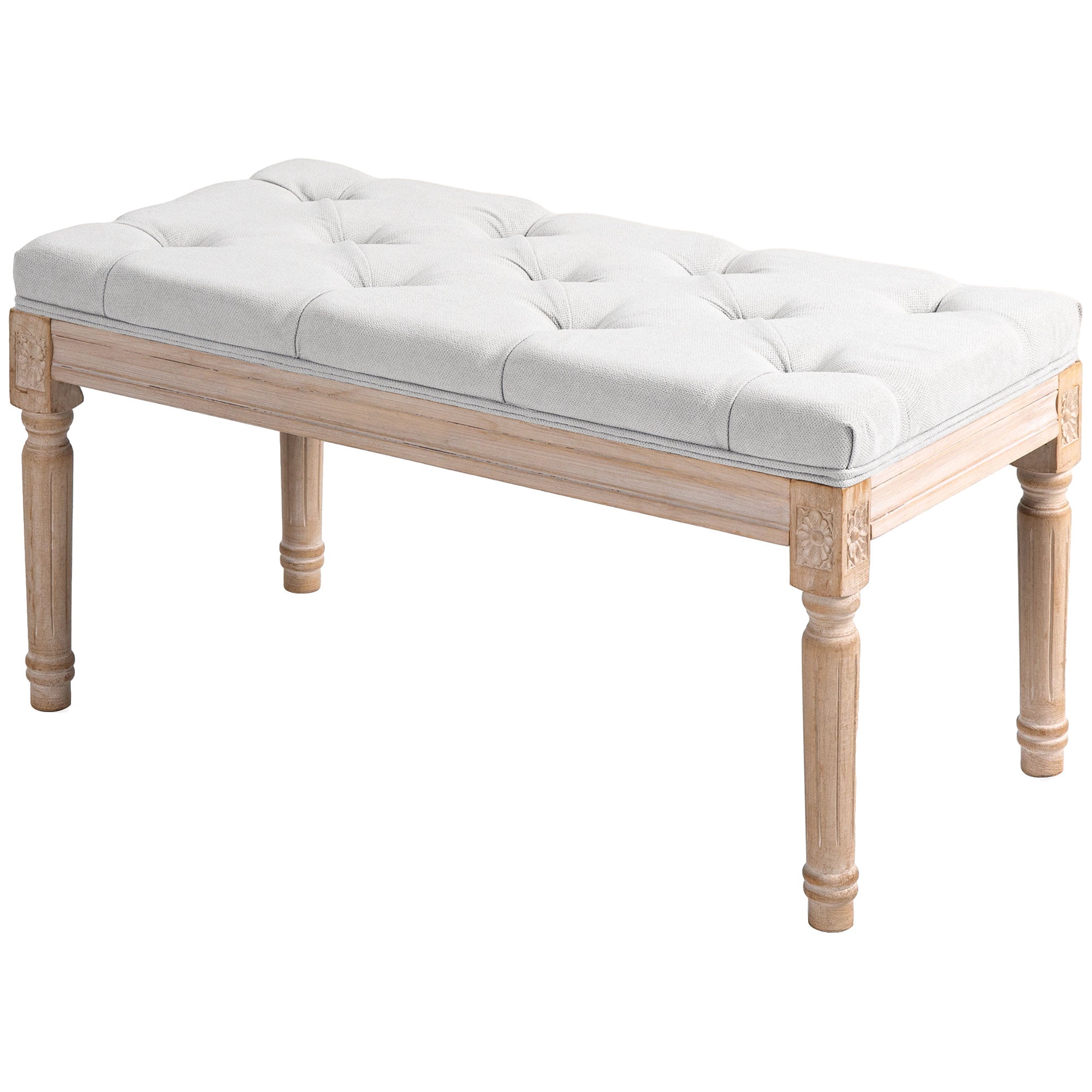 32" Linen Upholstered Bedroom Bench with Thick Padded Cushion and Wooden Legs, Cream White
