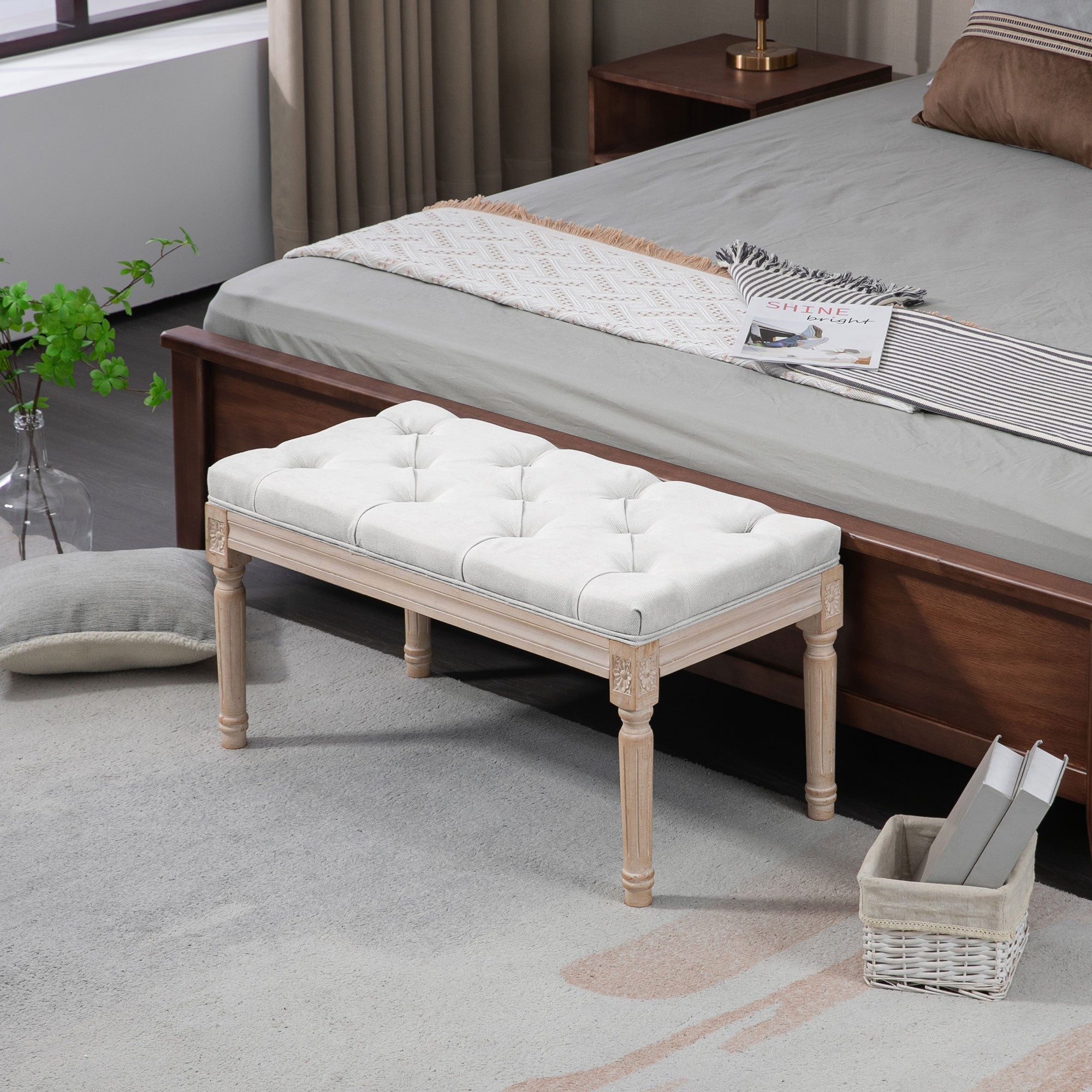32" Linen Upholstered Bedroom Bench with Thick Padded Cushion and Wooden Legs, Cream White