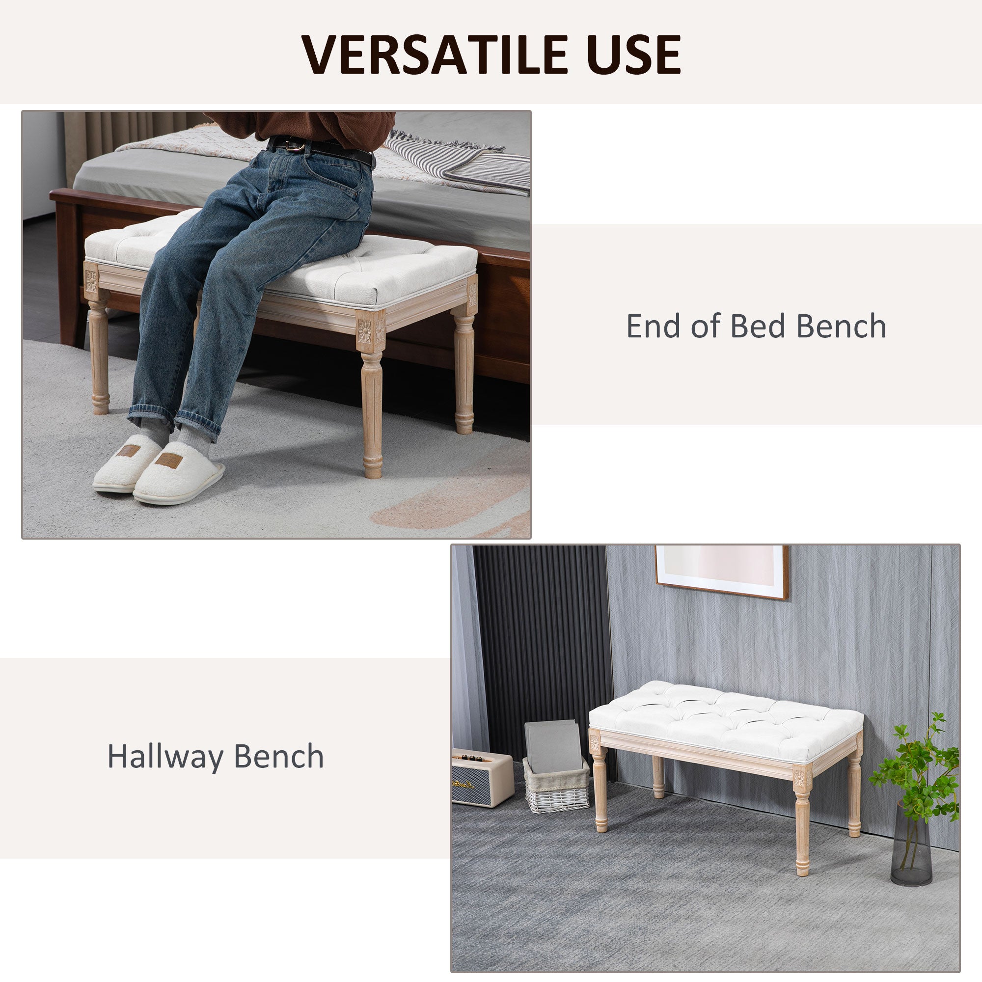 32" Linen Upholstered Bedroom Bench with Thick Padded Cushion and Wooden Legs, Cream White