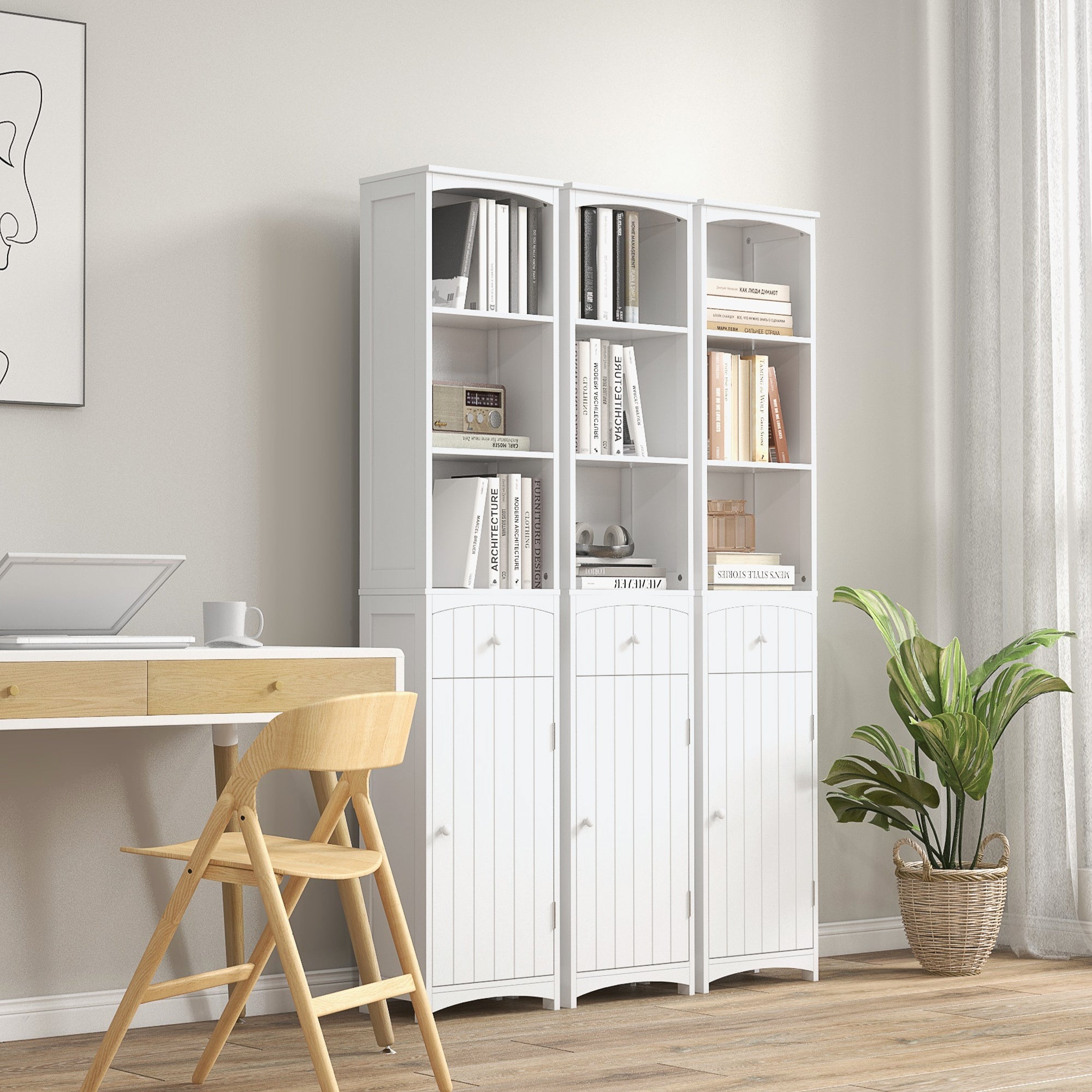 Bathroom Storage Cabinet, Tall Linen Tower with 3 Tier Shelves and Drawer, White