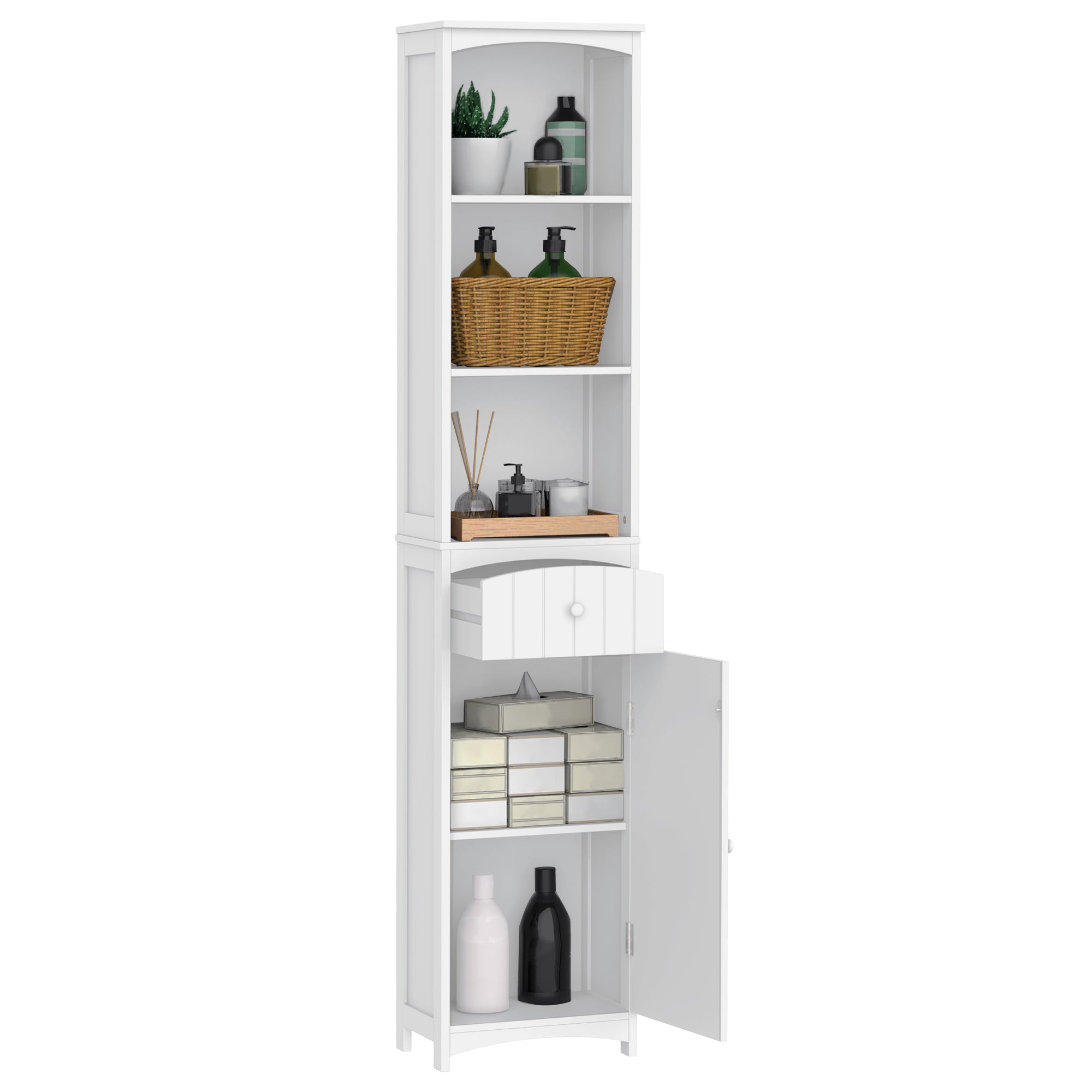 Bathroom Storage Cabinet, Tall Linen Tower with 3 Tier Shelves and Drawer, White
