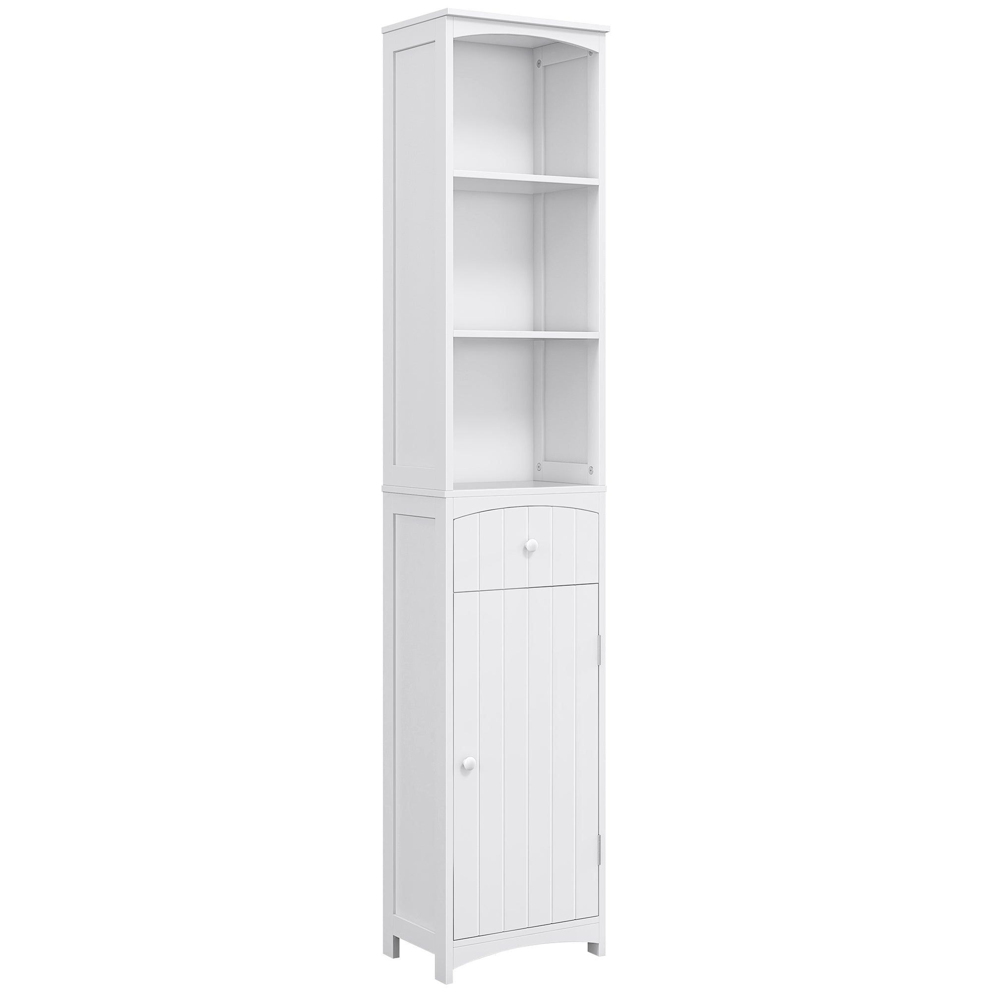 Bathroom Storage Cabinet, Tall Linen Tower with 3 Tier Shelves and Drawer, White