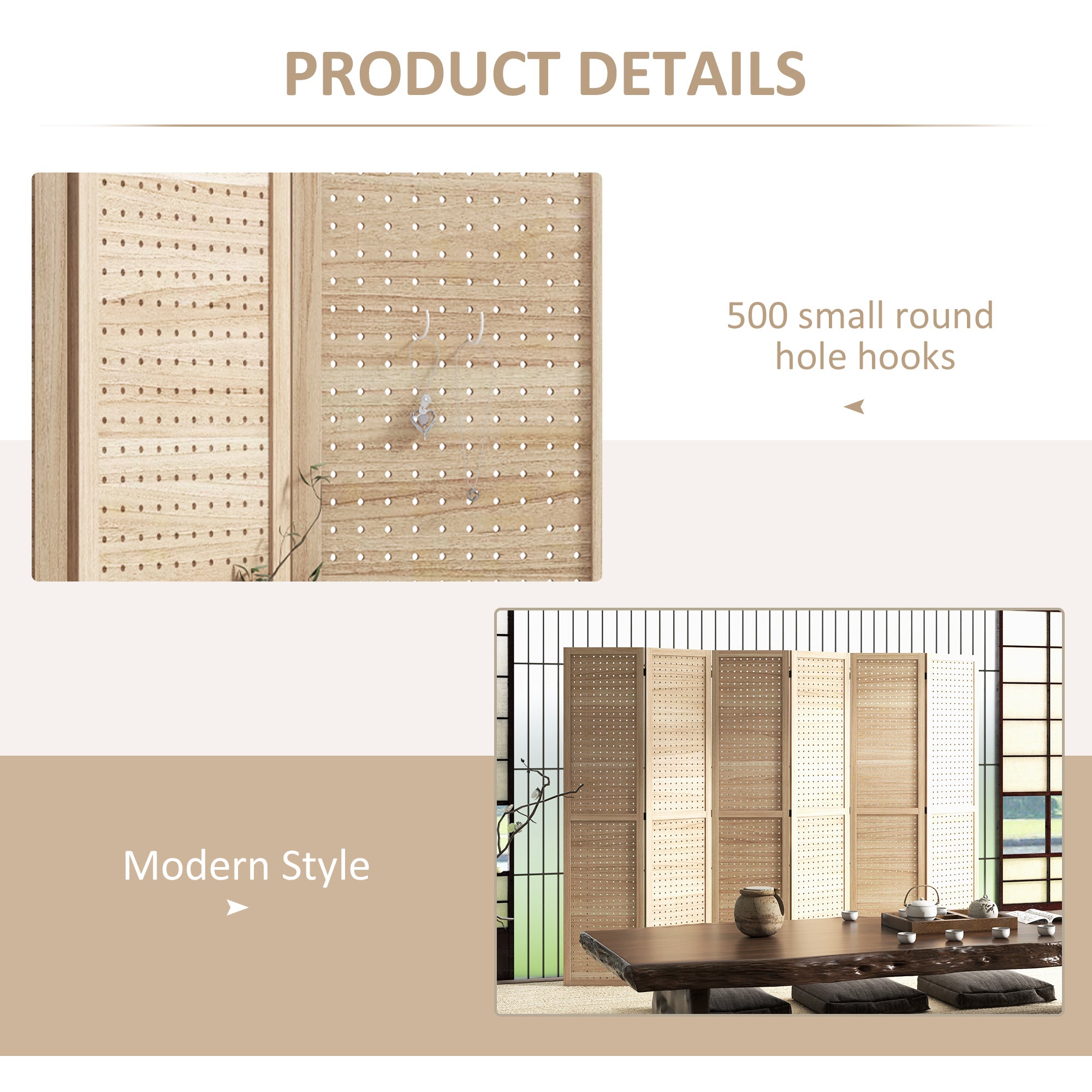 HOMCOM 5.6 Ft. Tall 6-Panel Room Divider, Pegboard Panel Freestanding Folding Privacy Screen Panels, Partition Wall Divider for Indoor Bedroom Office, Natural