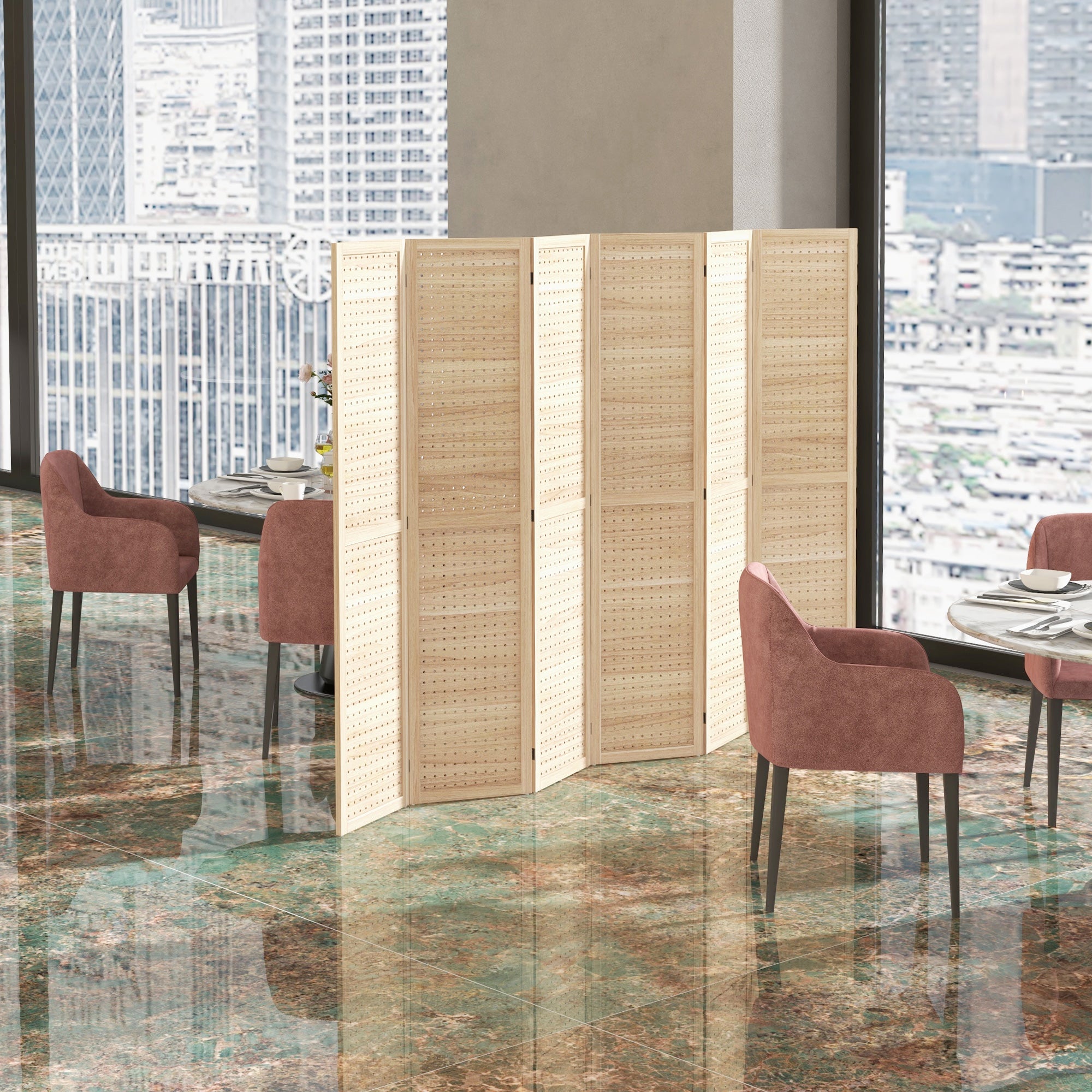 6 Panel Room Divider w/ Hook Holes, Folding Privacy Screen, Natural