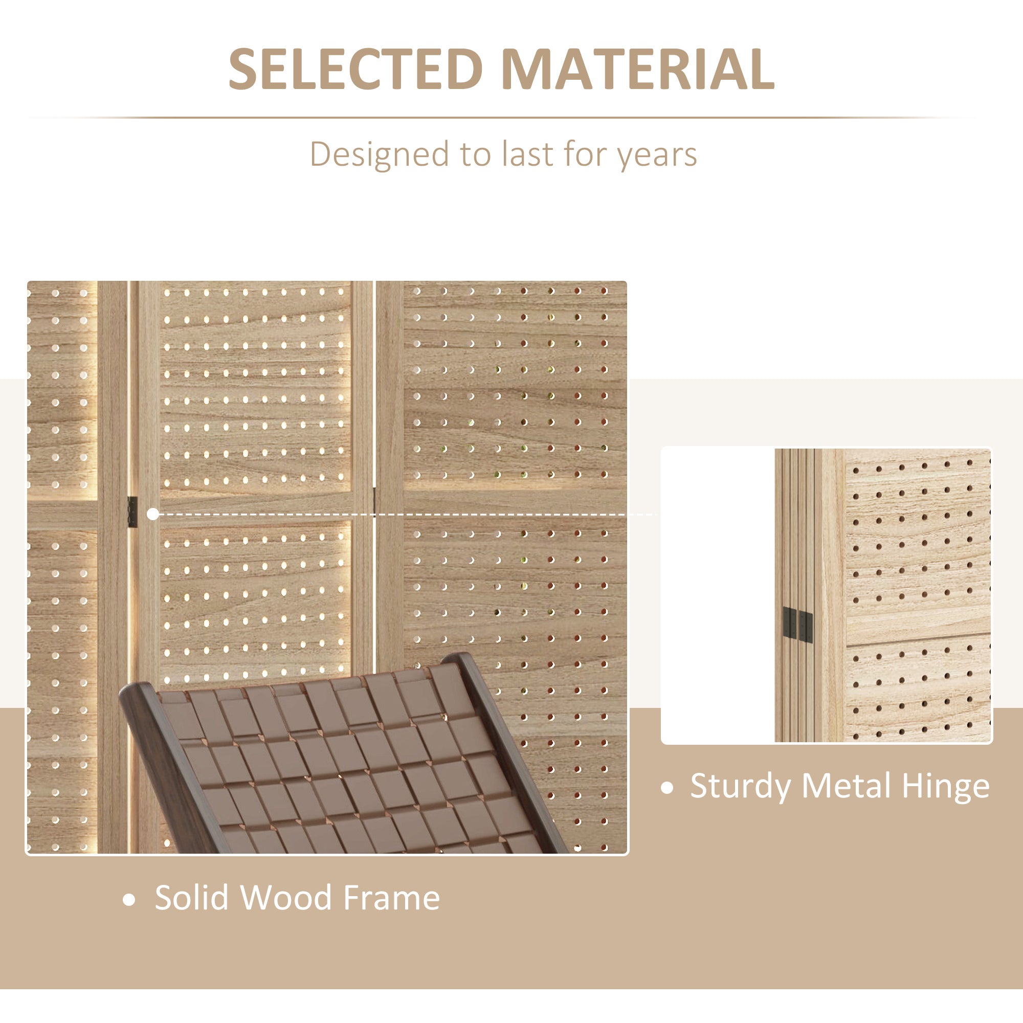 6 Panel Room Divider w/ Hook Holes, Folding Privacy Screen, Natural