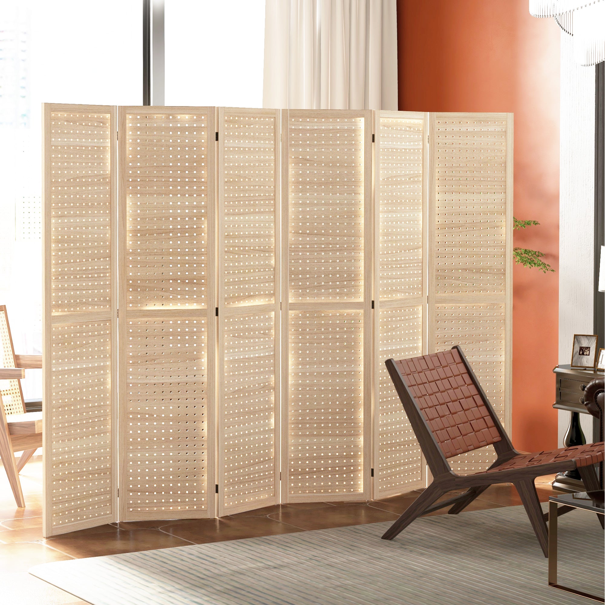6 Panel Room Divider w/ Hook Holes, Folding Privacy Screen, Natural