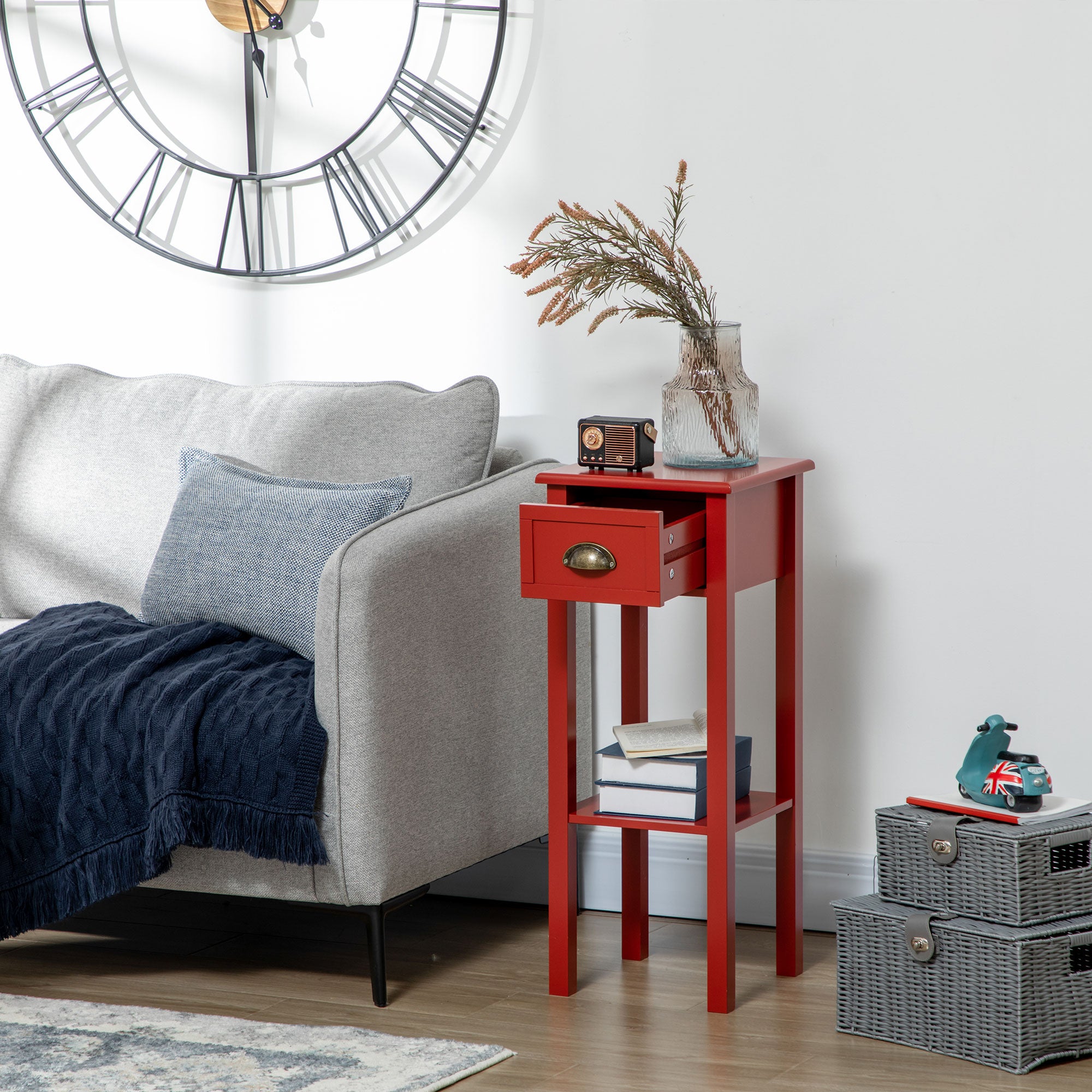 2 Tier Side Table with Drawer and Shelf End Table for Living Room and Hallway Red