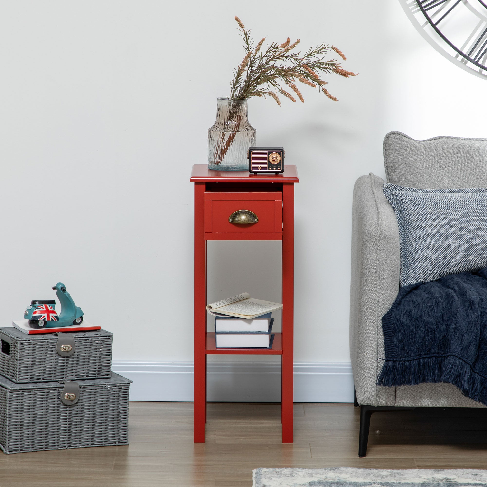 2 Tier Side Table with Drawer and Shelf End Table for Living Room and Hallway Red