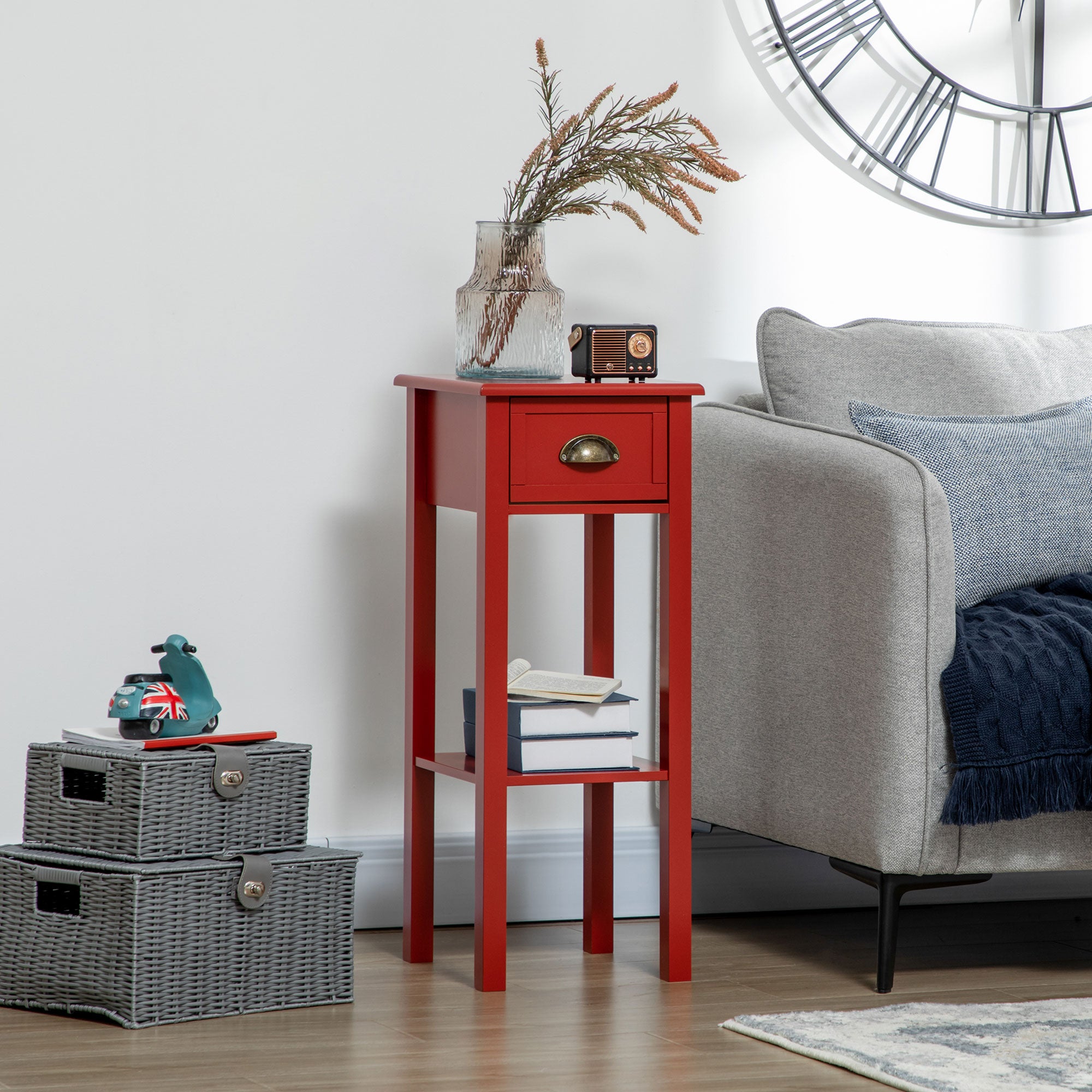 2 Tier Side Table with Drawer and Shelf End Table for Living Room and Hallway Red