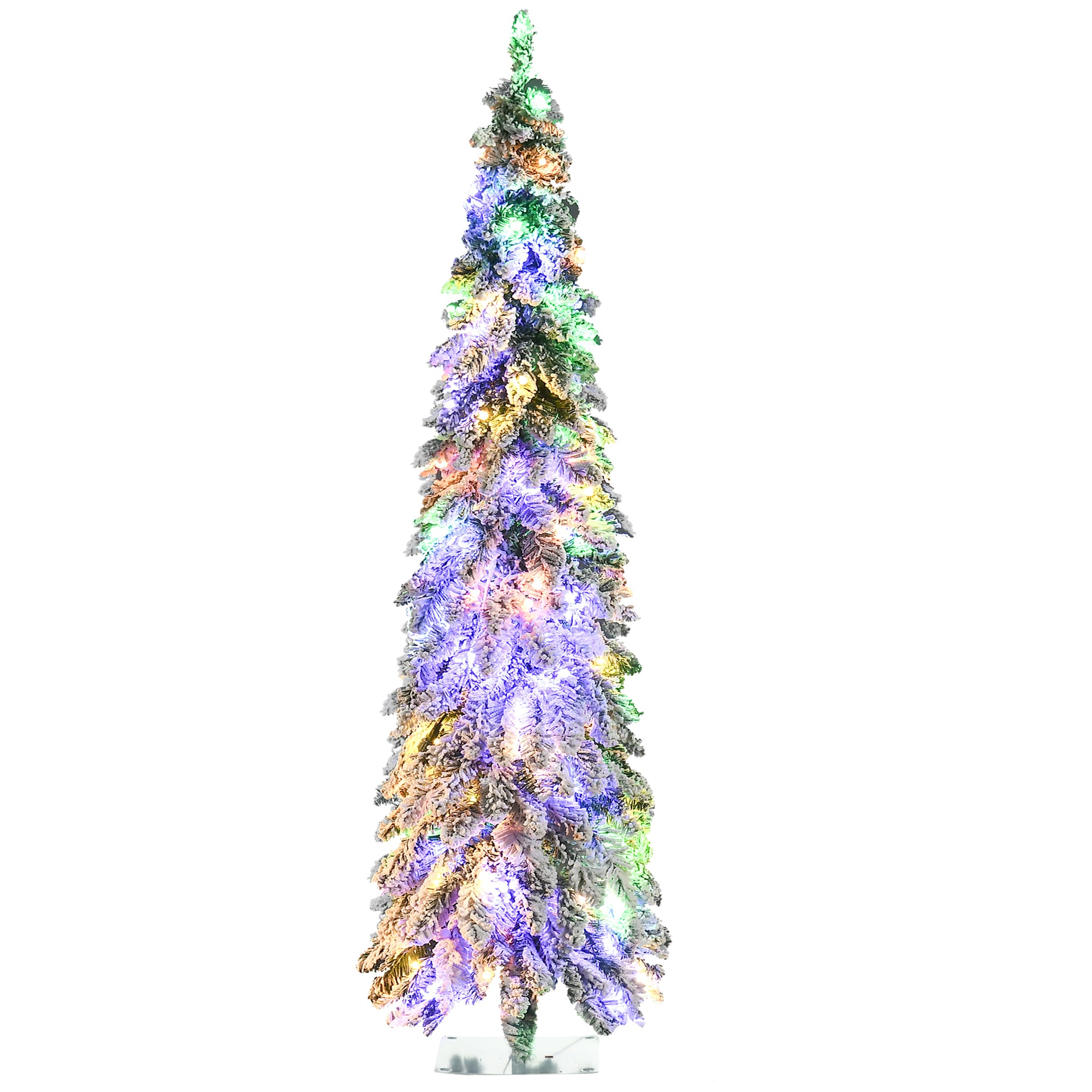 6ft Tall Prelit Pencil Artificial Christmas Tree Holiday Décor with 407 Snow Flocked Branches, 250 Warm White or Colorful LED Lights, Downswept Shape