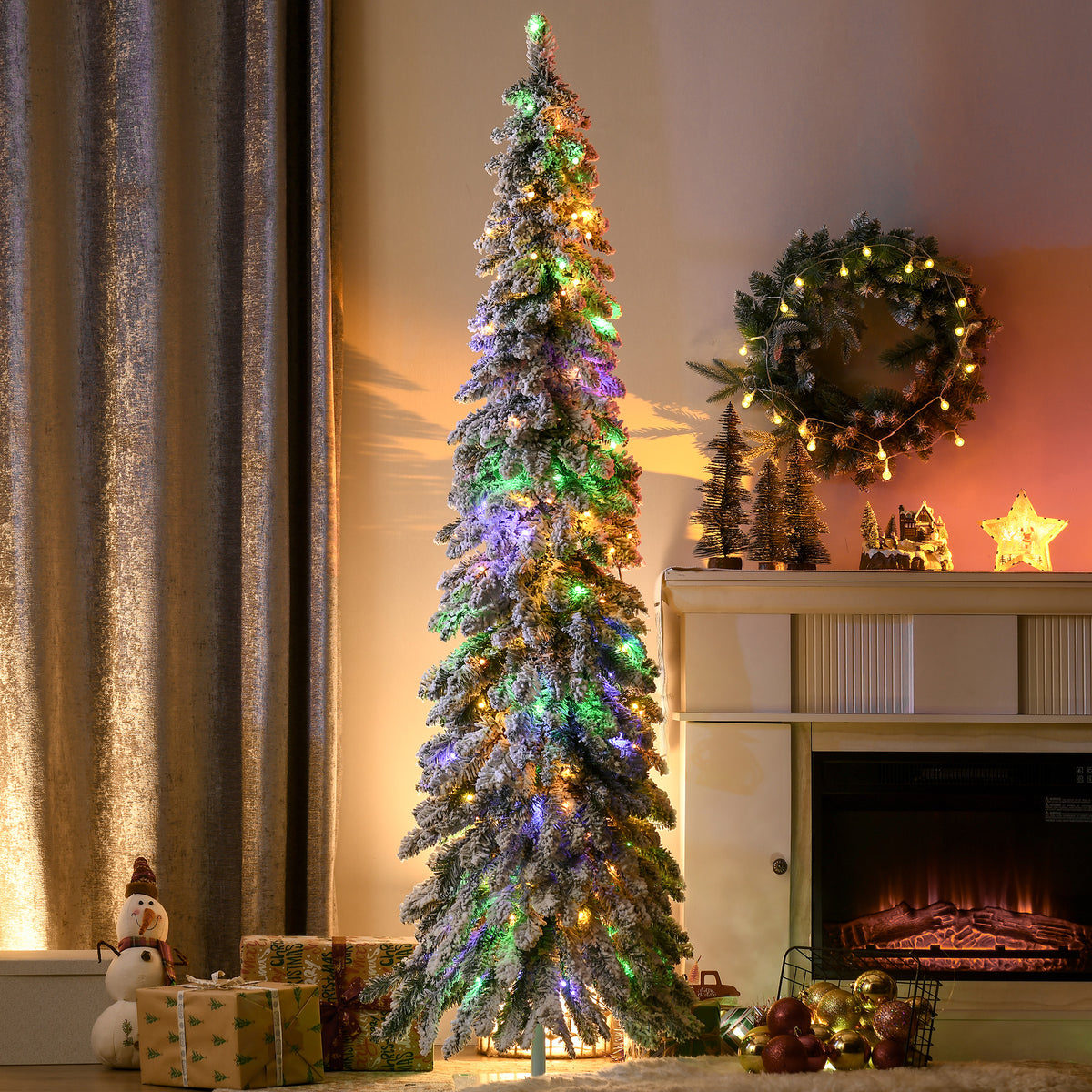 6ft Tall Prelit Pencil Artificial Christmas Tree Holiday Décor with 407 Snow Flocked Branches, 250 Warm White or Colorful LED Lights, Downswept Shape