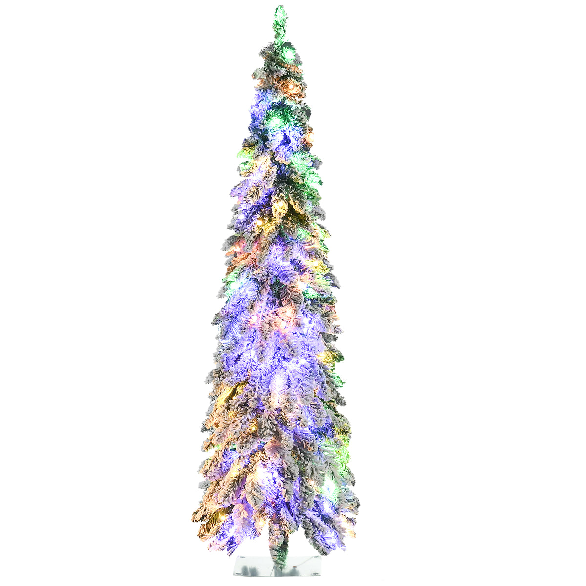 6ft Tall Prelit Pencil Artificial Christmas Tree Holiday Décor with 407 Snow Flocked Branches, 250 Warm White or Colorful LED Lights, Downswept Shape