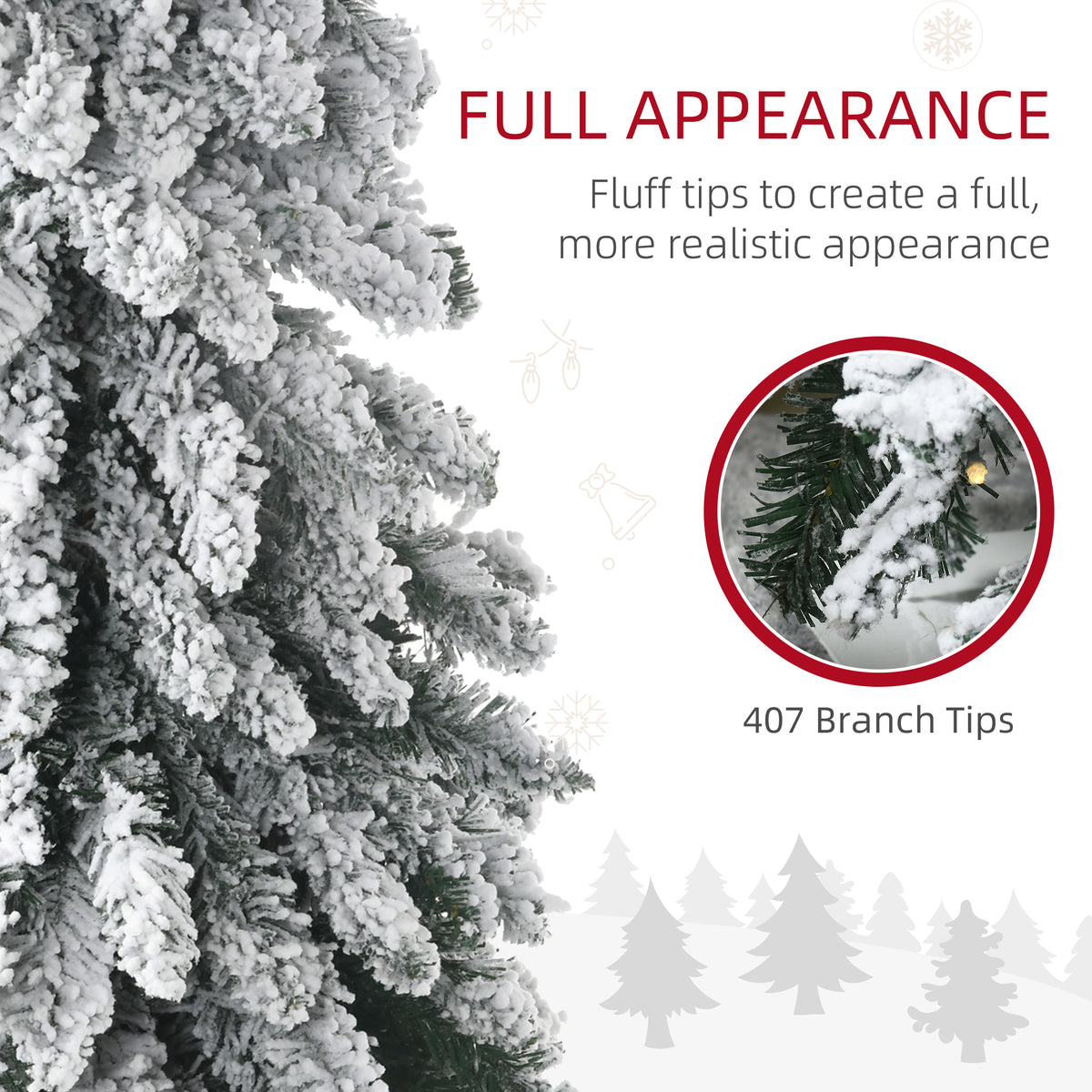 6ft Tall Prelit Pencil Artificial Christmas Tree Holiday Décor with 407 Snow Flocked Branches, 250 Warm White or Colorful LED Lights, Downswept Shape