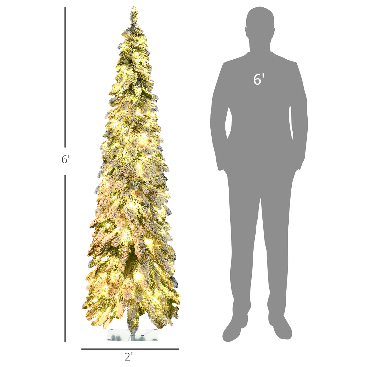 6ft Tall Prelit Pencil Artificial Christmas Tree Holiday Décor with 407 Snow Flocked Branches, 250 Warm White or Colorful LED Lights, Downswept Shape
