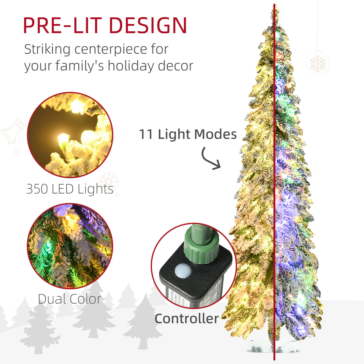 6ft Tall Prelit Pencil Artificial Christmas Tree Holiday Décor with 407 Snow Flocked Branches, 250 Warm White or Colorful LED Lights, Downswept Shape