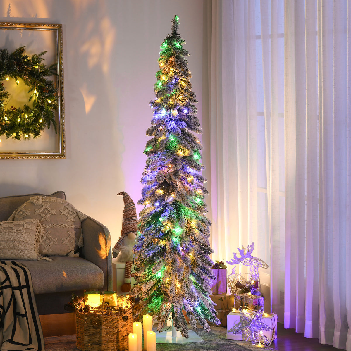 6ft Tall Prelit Pencil Artificial Christmas Tree Holiday Décor with 407 Snow Flocked Branches, 250 Warm White or Colorful LED Lights, Downswept Shape