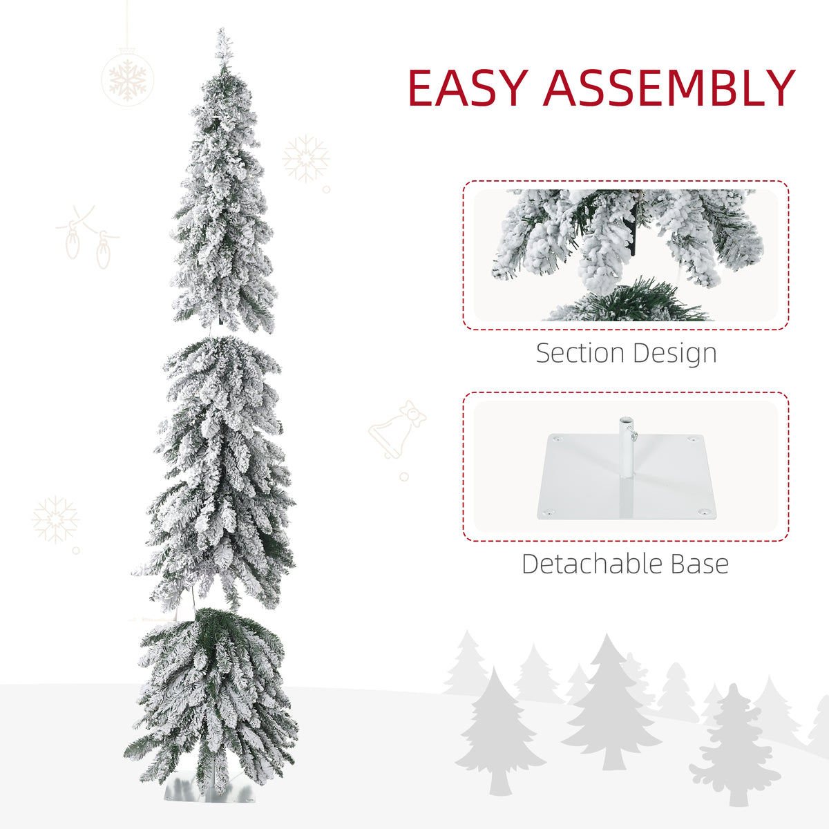 6ft Tall Prelit Pencil Artificial Christmas Tree Holiday Décor with 407 Snow Flocked Branches, 250 Warm White or Colorful LED Lights, Downswept Shape
