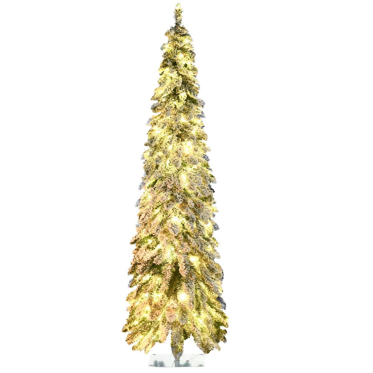 6ft Tall Prelit Pencil Artificial Christmas Tree Holiday Décor with 407 Snow Flocked Branches, 250 Warm White or Colorful LED Lights, Downswept Shape