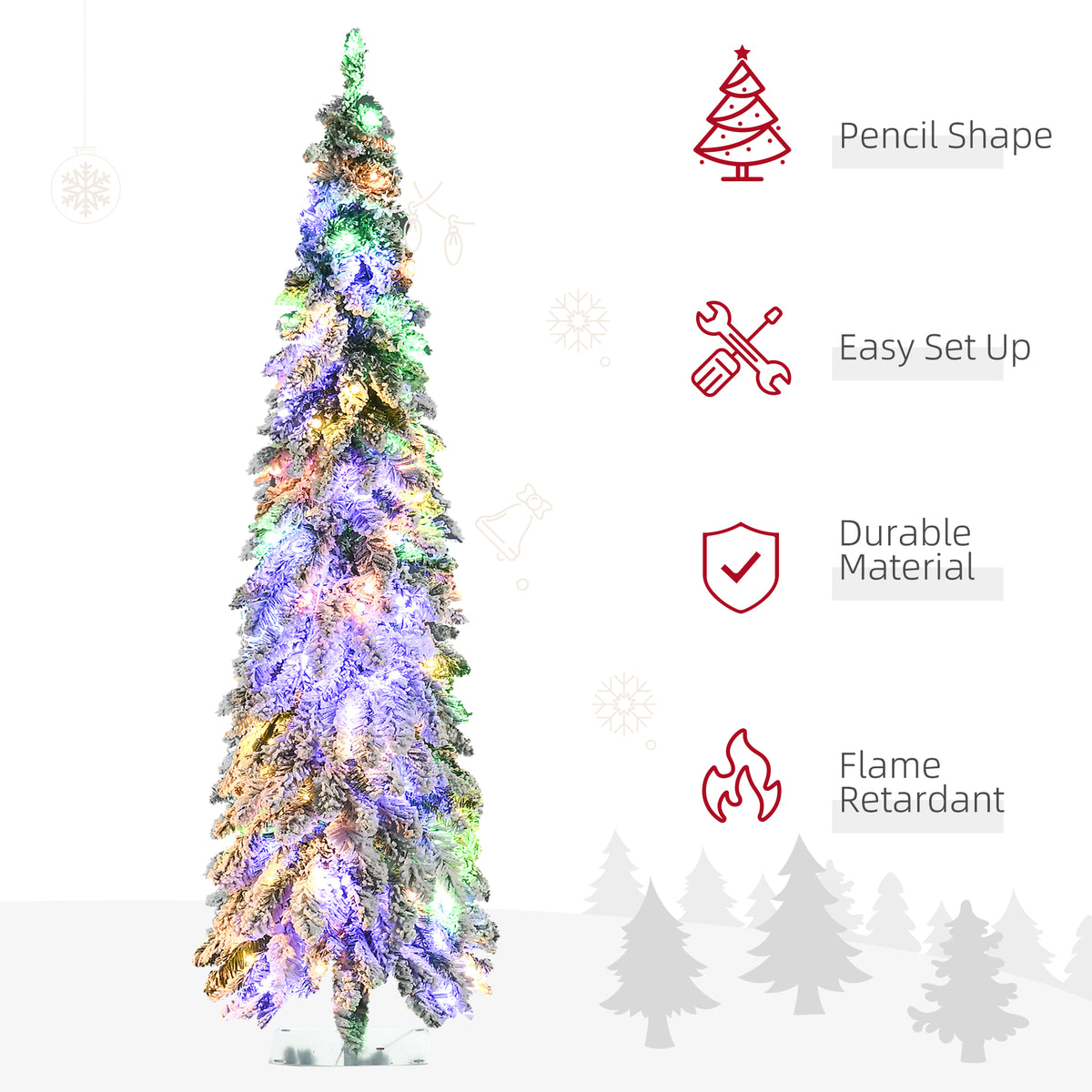 6ft Tall Prelit Pencil Artificial Christmas Tree Holiday Décor with 407 Snow Flocked Branches, 250 Warm White or Colorful LED Lights, Downswept Shape