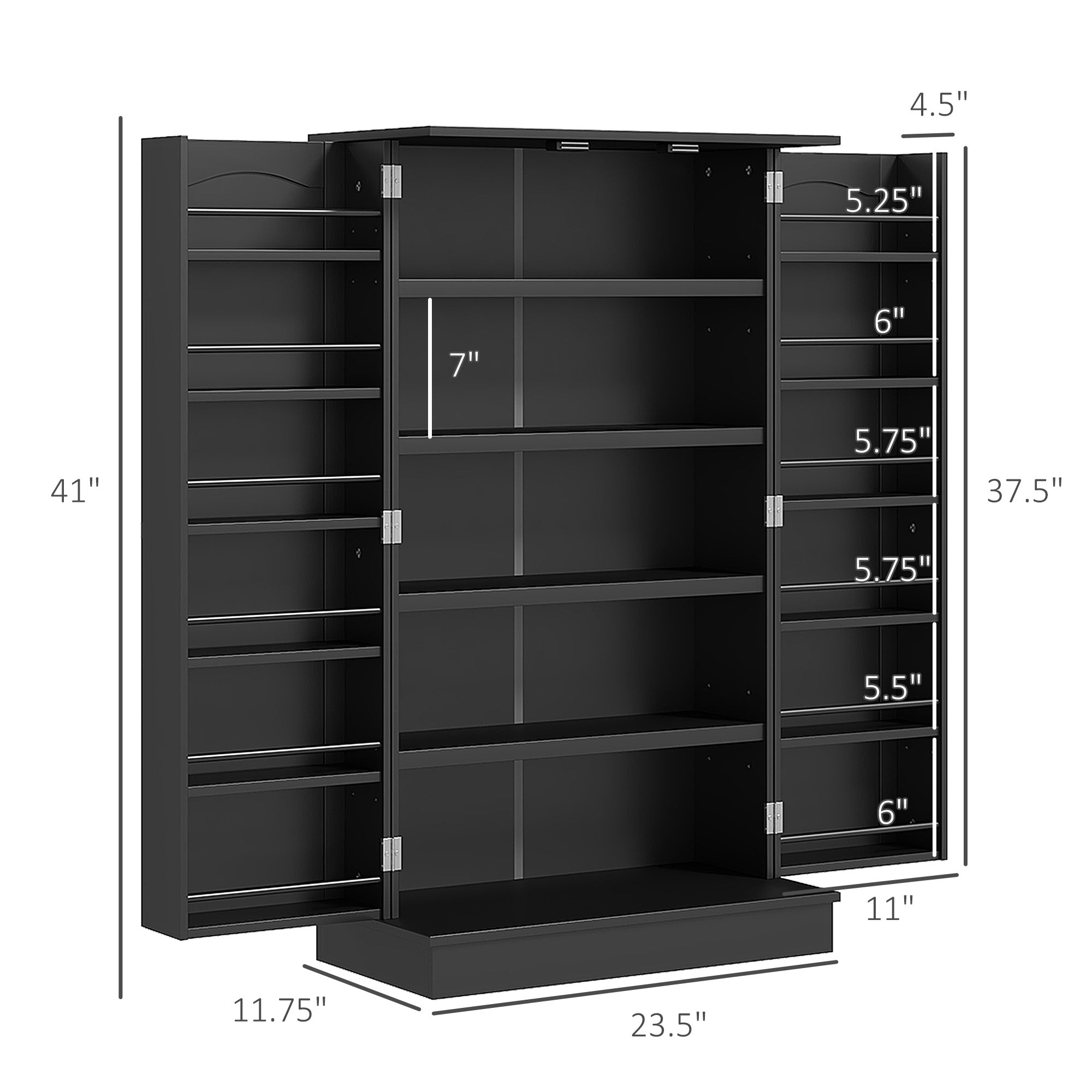 41" Kitchen Pantry Cabinet w/ 12 Door Shelves, Double Doors, 5-tier Shelving, Black