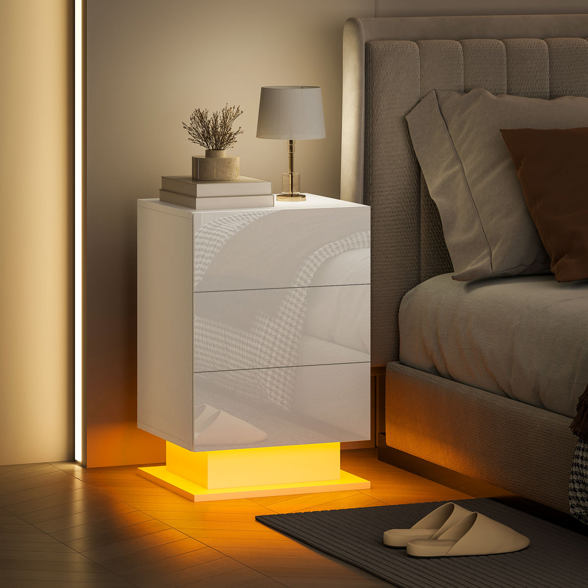Modern LED Nightstand Bedside Table with Adjustable Colour Lighting & 3 Drawers, Remote Control, 40 x 35 x 60 cm, Side End Table for Bedroom Study, Glossy White