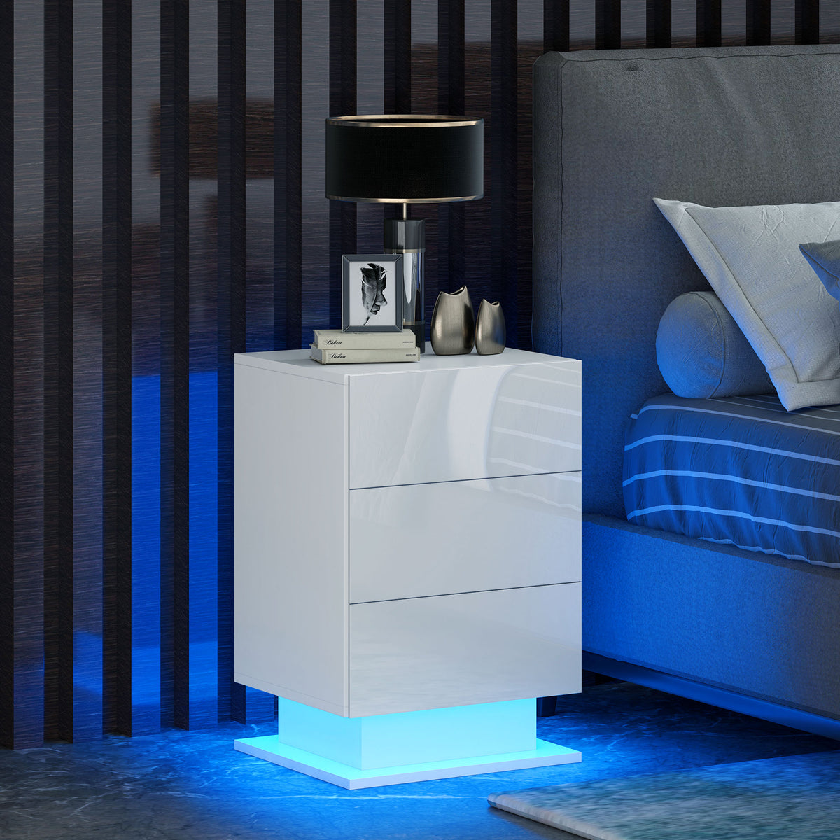 Modern LED Nightstand Bedside Table with Adjustable Colour Lighting & 3 Drawers, Remote Control, 40 x 35 x 60 cm, Side End Table for Bedroom Study, Glossy White