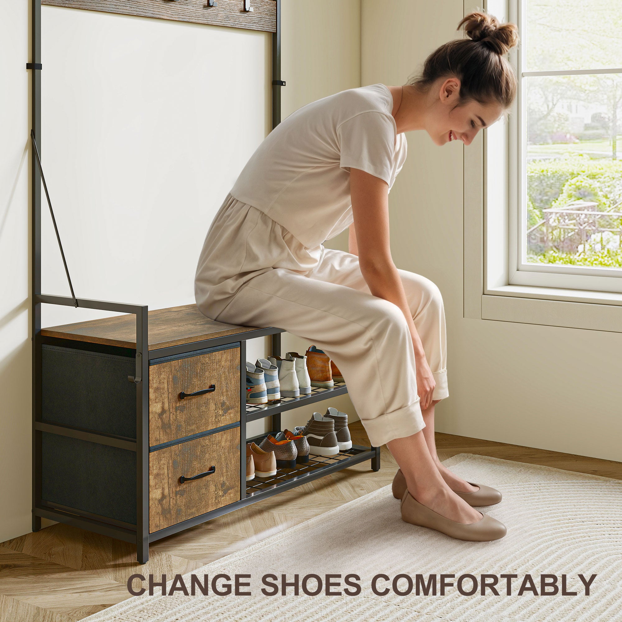 6-In-1 Hall Tree with Shoe Storage, Industrial Entryway Coat Rack Shoe Storage with 10 Adjustable Hooks, 2 Fabric Drawers and Hanging Rod for Hallway, Rustic Brown