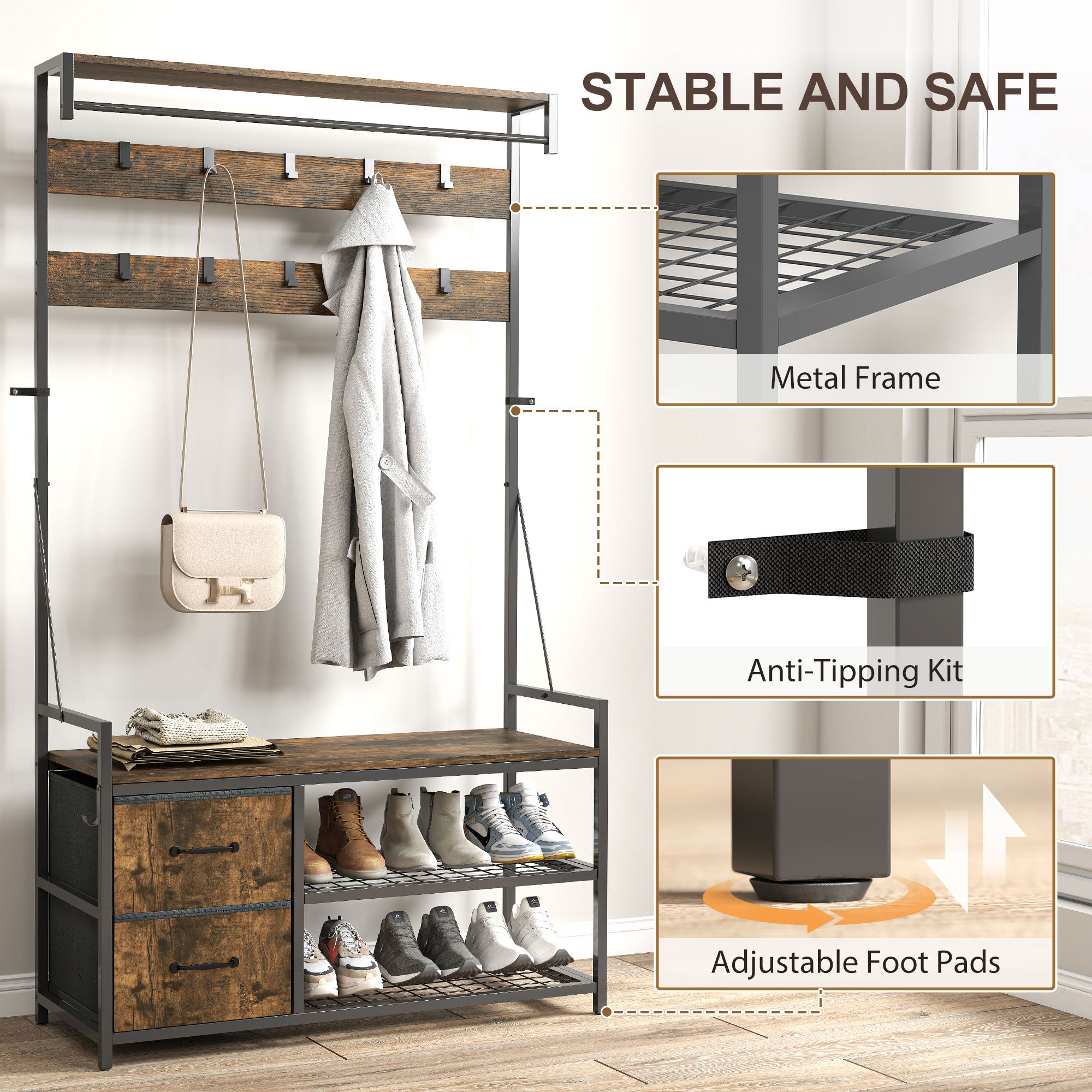 6-In-1 Hall Tree with Shoe Storage, Industrial Entryway Coat Rack Shoe Storage with 10 Adjustable Hooks, 2 Fabric Drawers and Hanging Rod for Hallway, Rustic Brown