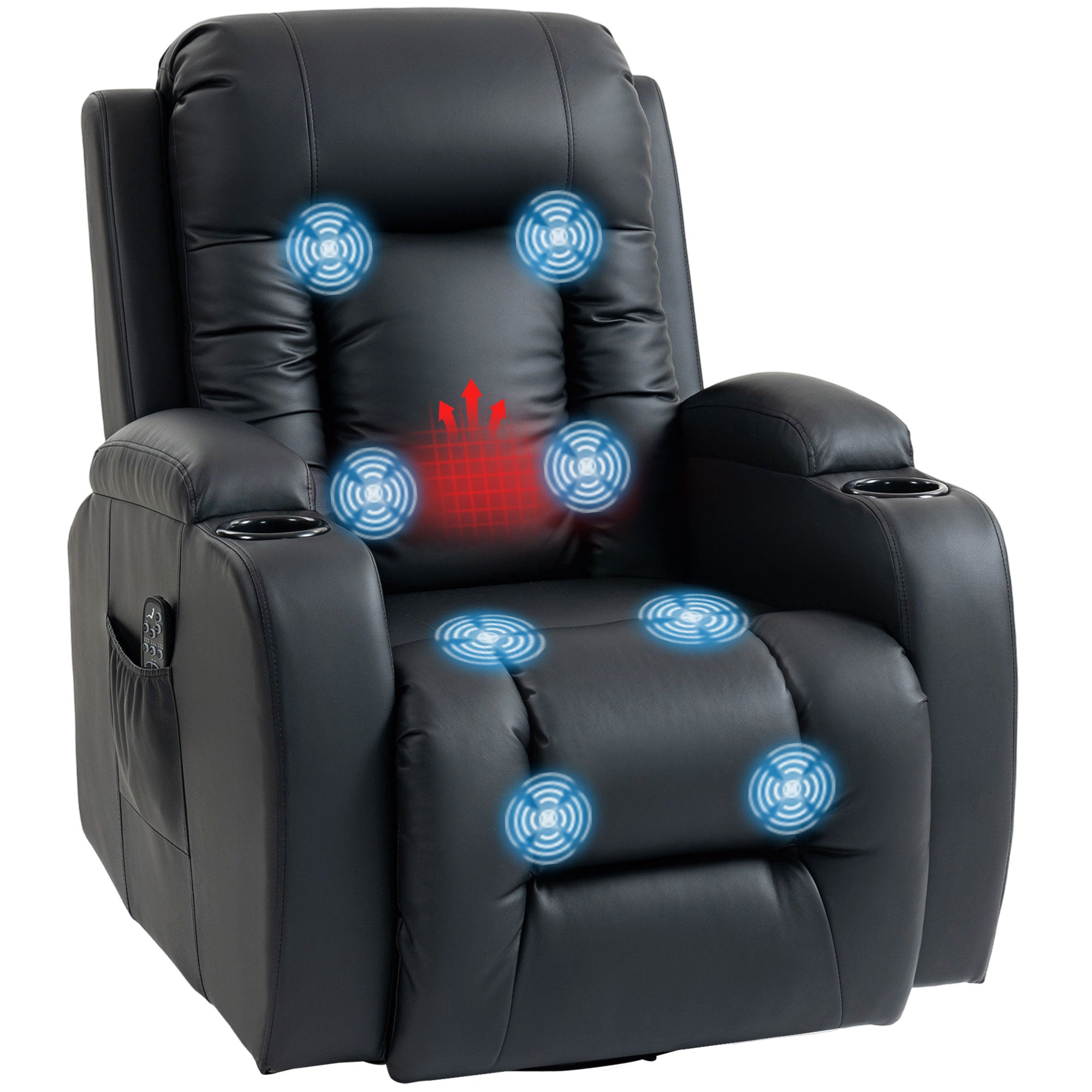 Recliner Armchair with Massage & Heat, PU Leather Recliner Chair with Extended Footrest, Cup Holders and Side Pockets, Swivel Rocking Manual Reclining Chair for Living Room, Black