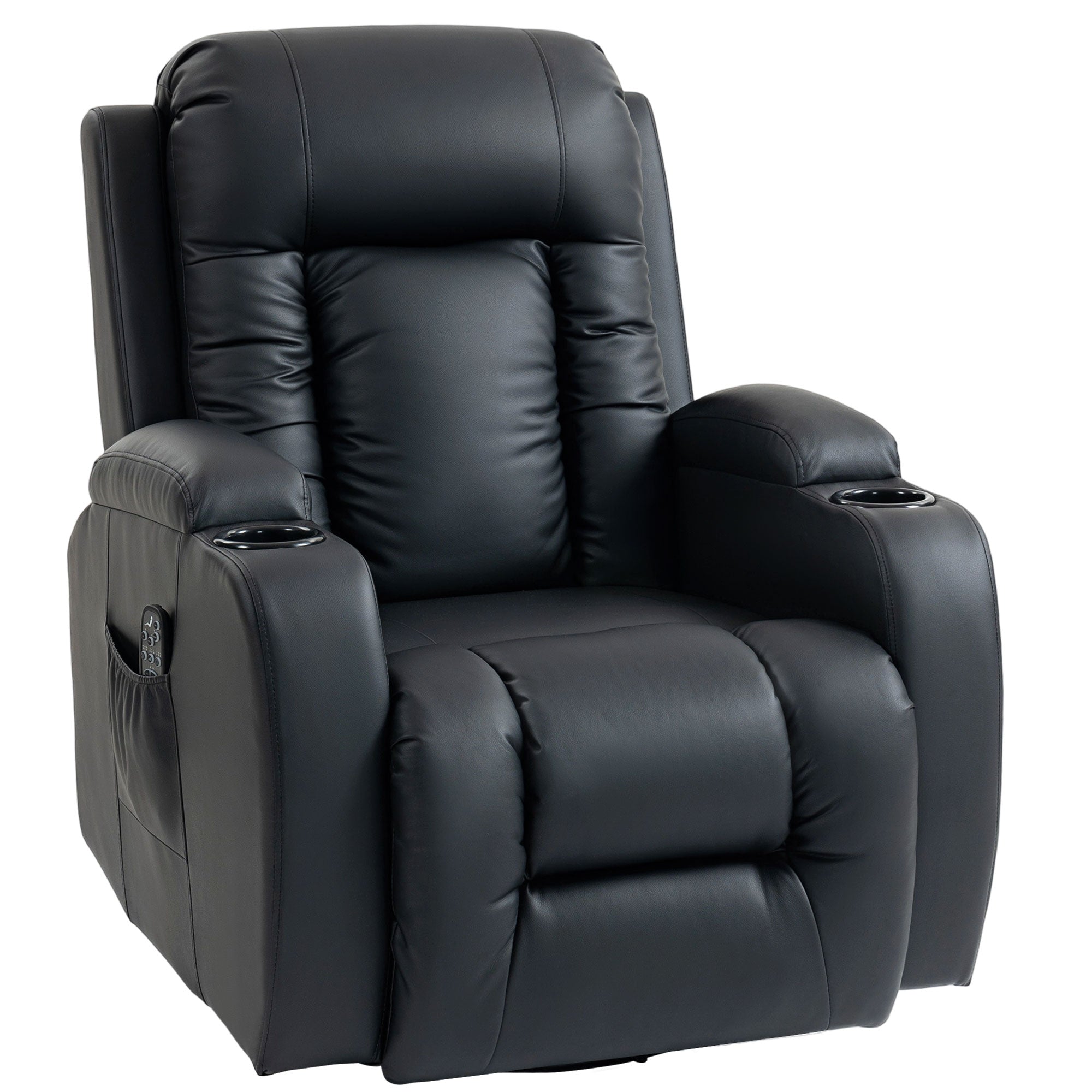 Recliner Armchair with Massage & Heat, PU Leather Recliner Chair with Extended Footrest, Cup Holders and Side Pockets, Swivel Rocking Manual Reclining Chair for Living Room, Black
