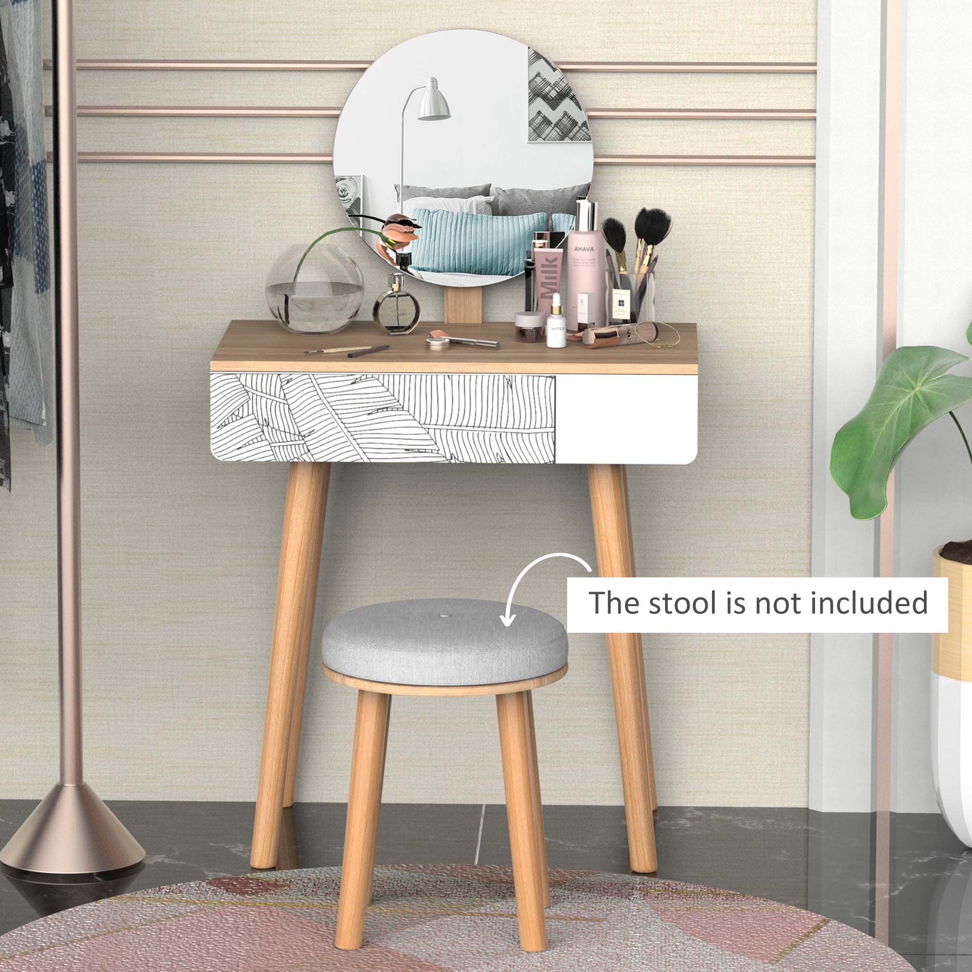 HOMCOM Vanity Desk with Mirror, Vanity Table with Drawer and Height Adjustable Mirror, Makeup Table with Wood Legs for Bedroom, Oak
