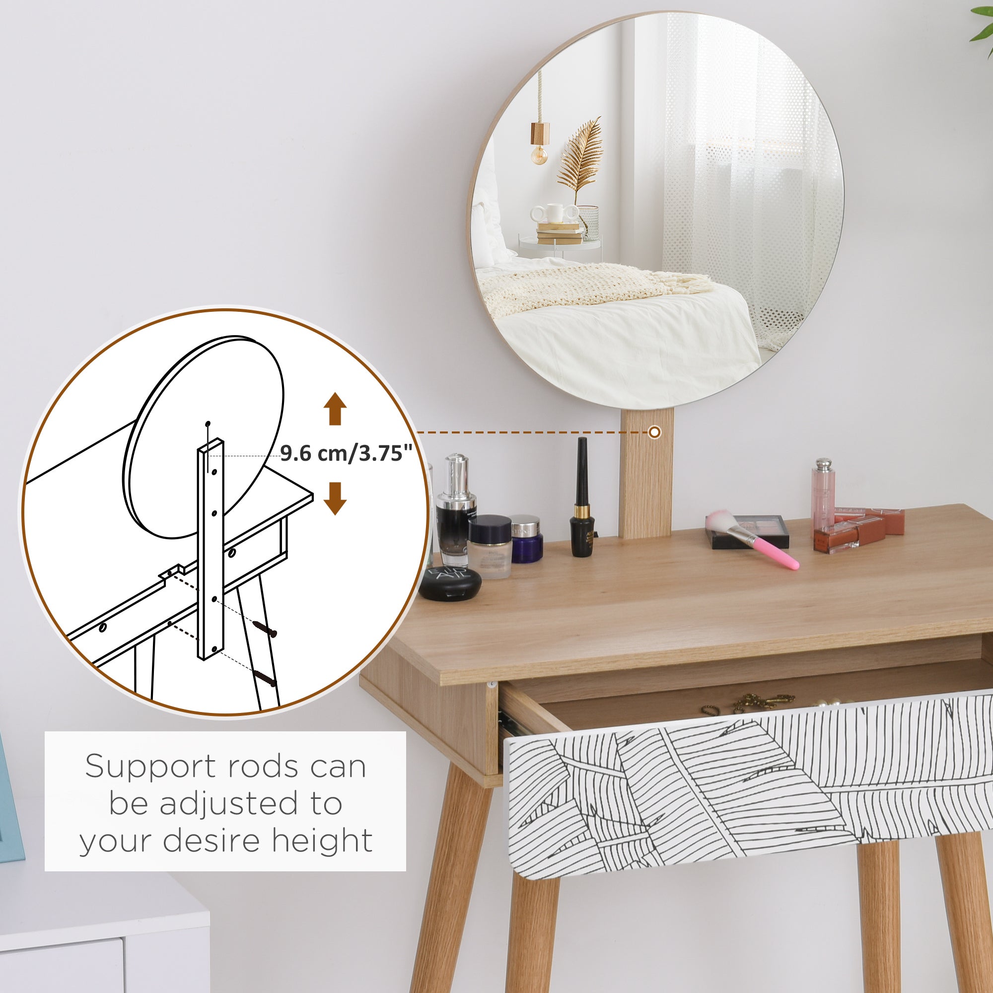 HOMCOM Vanity Desk with Mirror, Vanity Table with Drawer and Height Adjustable Mirror, Makeup Table with Wood Legs for Bedroom, Oak
