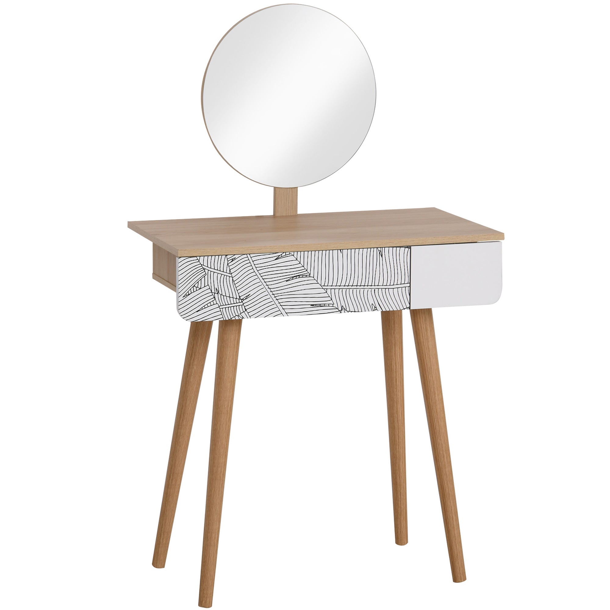 HOMCOM Vanity Desk with Mirror, Vanity Table with Drawer and Height Adjustable Mirror, Makeup Table with Wood Legs for Bedroom, Oak