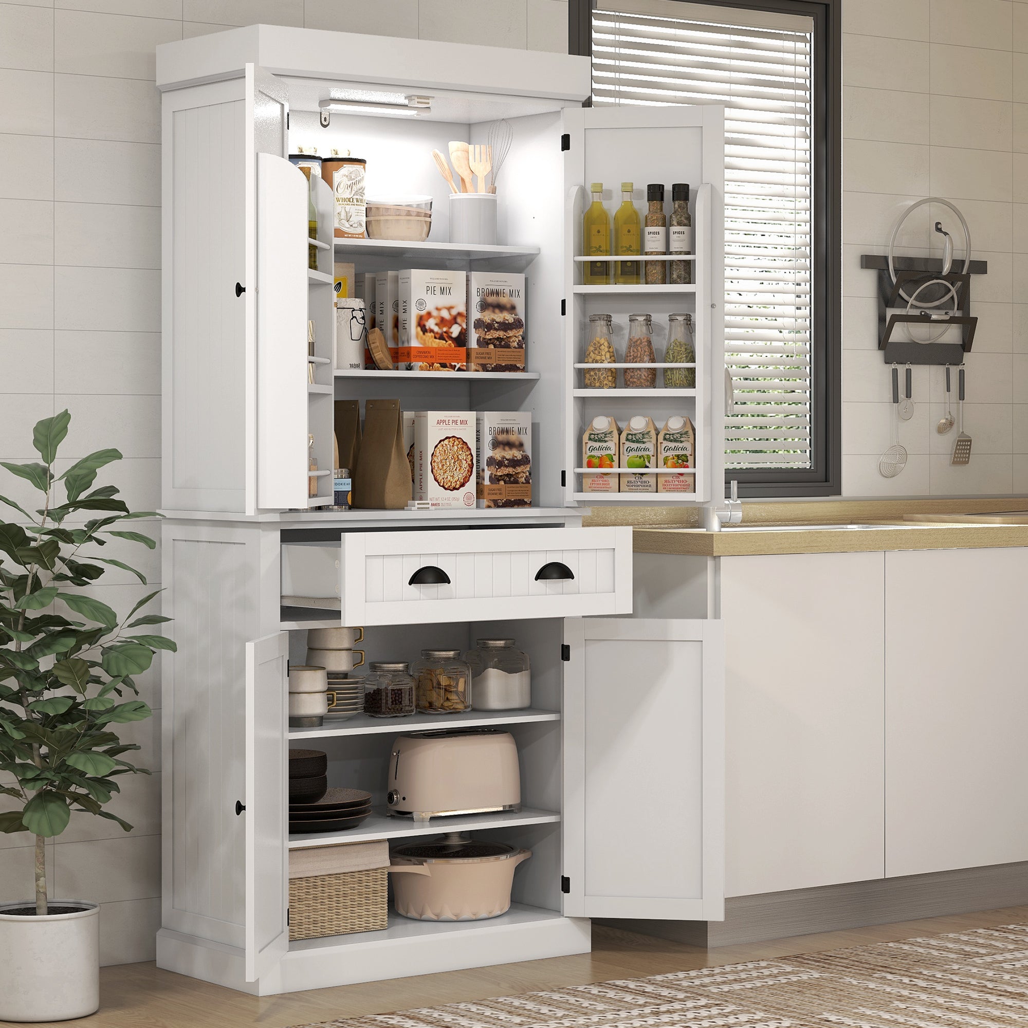 71" Pantry Cabinet with LED Motion Sensor Light, Freestanding Kitchen Pantry with 6 Spice Racks, Drawer and Adjustable Shelves, Tall Buffet Cabinet with Hutch, White