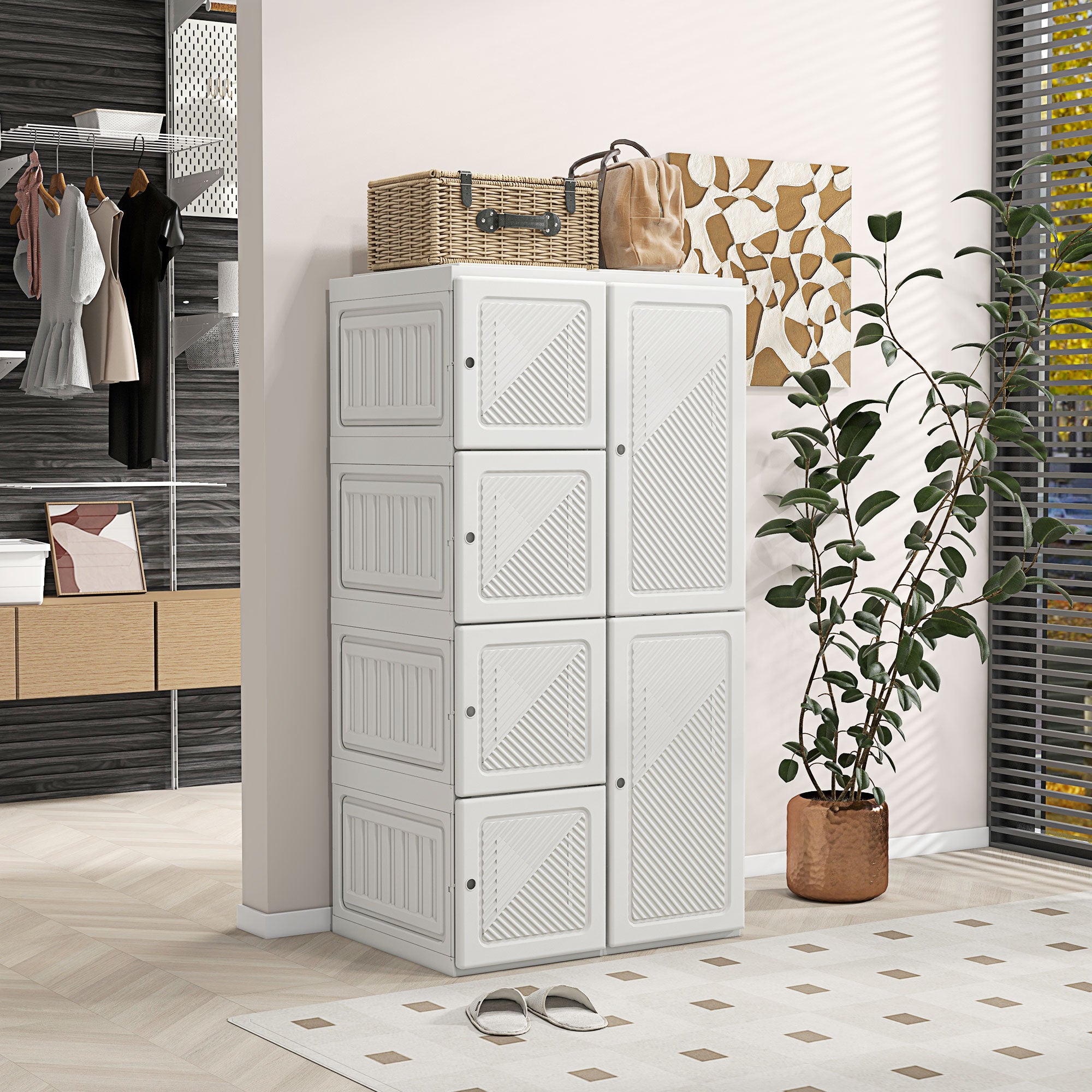 HOMCOM Portable Wardrobe Closet Cabinet Foldable Plastic Clothes Storage Organzier for Bedroom with 5 Cube Compartments & 2 Hanging Rods Magnet Doors Easy Assembly White