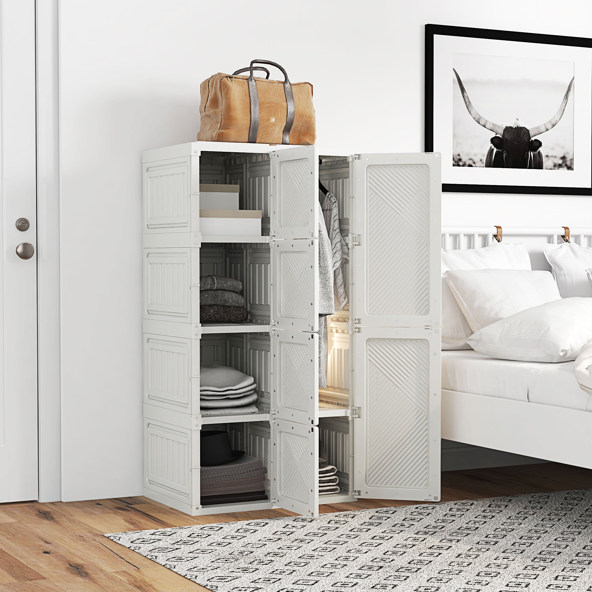 HOMCOM Portable Wardrobe Closet Cabinet Foldable Plastic Clothes Storage Organzier for Bedroom with 5 Cube Compartments & 2 Hanging Rods Magnet Doors Easy Assembly White