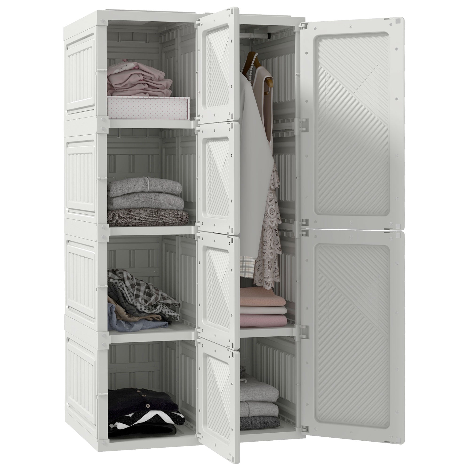 HOMCOM Portable Wardrobe Closet Cabinet Foldable Plastic Clothes Storage Organzier for Bedroom with 5 Cube Compartments & 2 Hanging Rods Magnet Doors Easy Assembly White