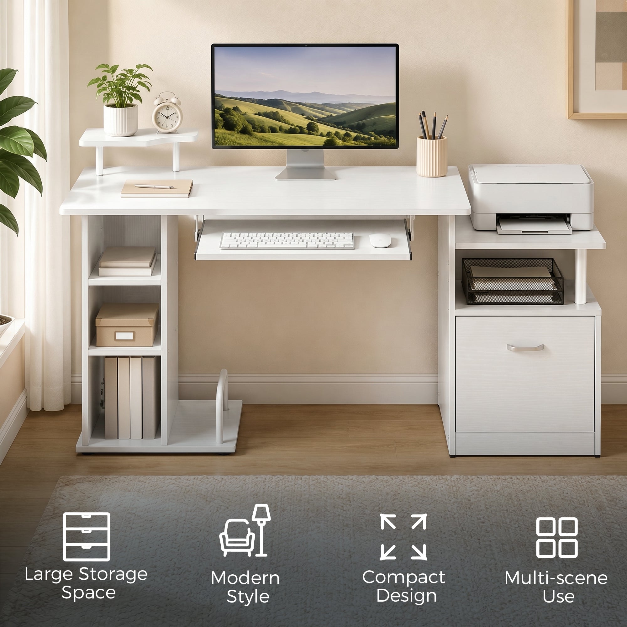 Computer Desk PC Workstation with Drawer Shelves CPU Storage Rack Home Office Furniture 152 x 60 x 88 cm White Wood Effect