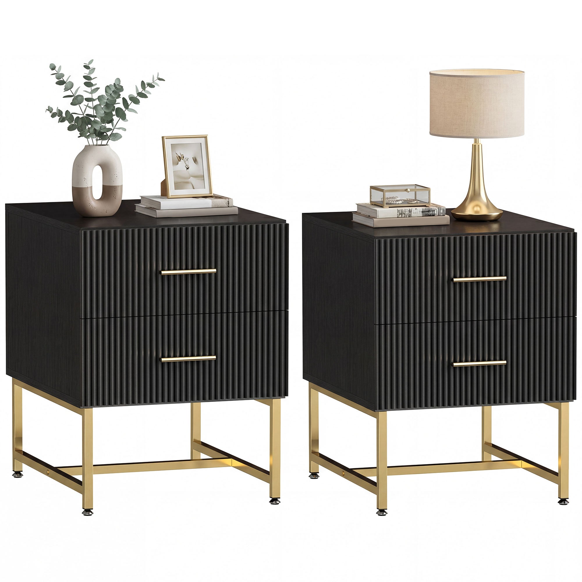 Modern Nightstands Set of 2, Bedside Tables with 2 Drawers and Fluted Panels, End Tables with Storage and Gold Legs for Bedroom, Black