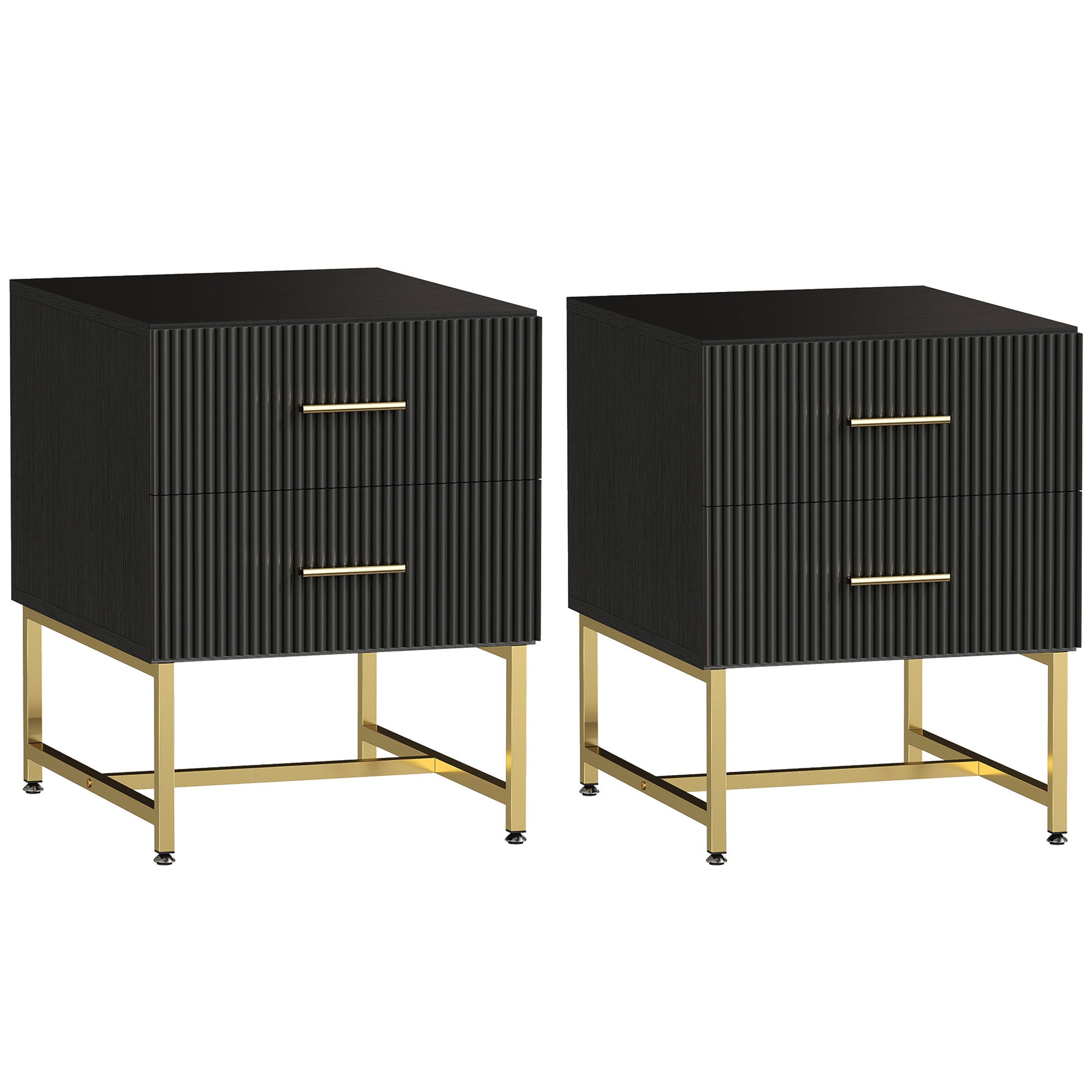 Modern Nightstands Set of 2, Bedside Tables with 2 Drawers and Fluted Panels, End Tables with Storage and Gold Legs for Bedroom, Black
