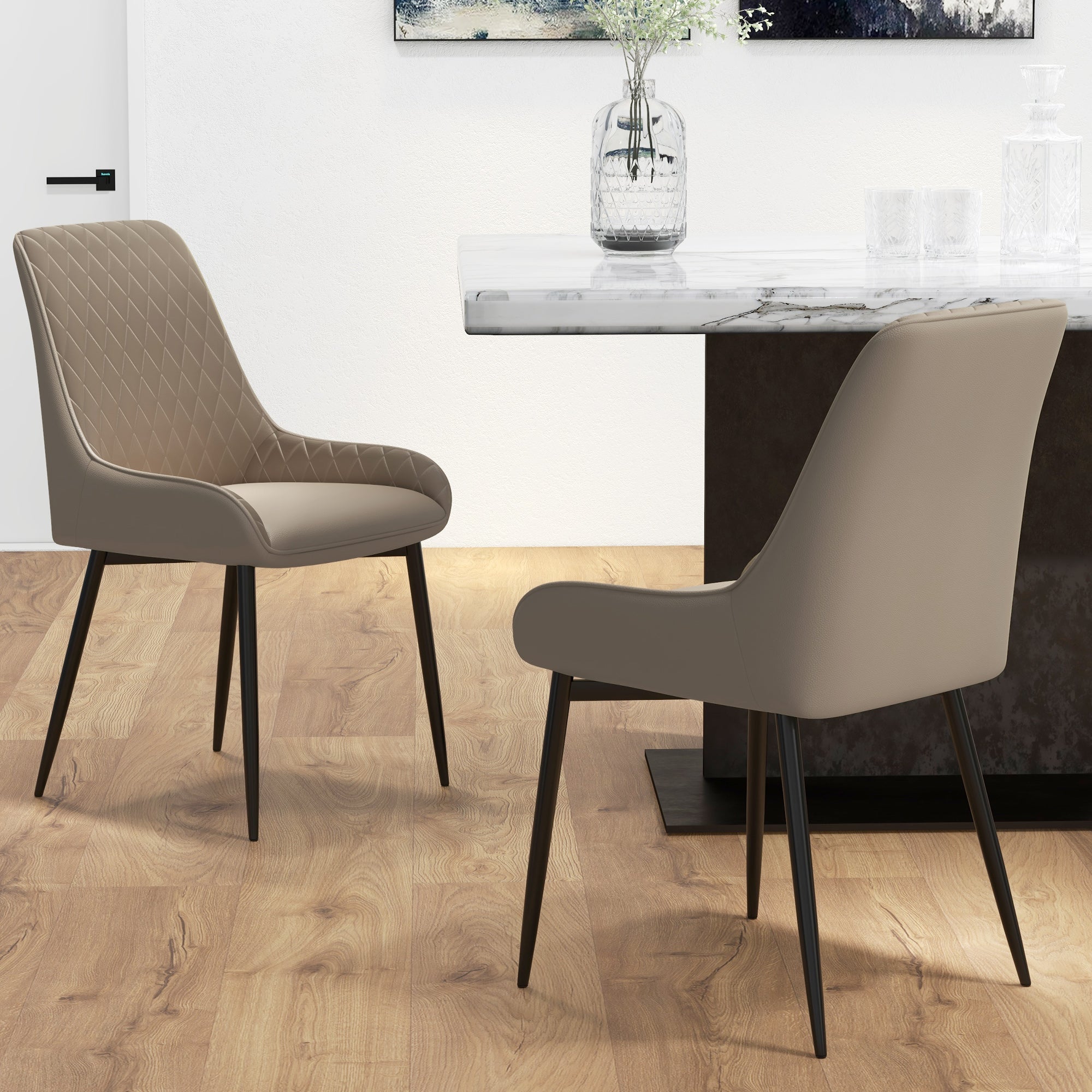 HOMCOM Dining Chairs Set of 2, Modern PU Leather Upholstered Kitchen Chairs with Diamond Tufted Backs and Steel Legs for Living Room, Dining Room, Bedroom, Khaki