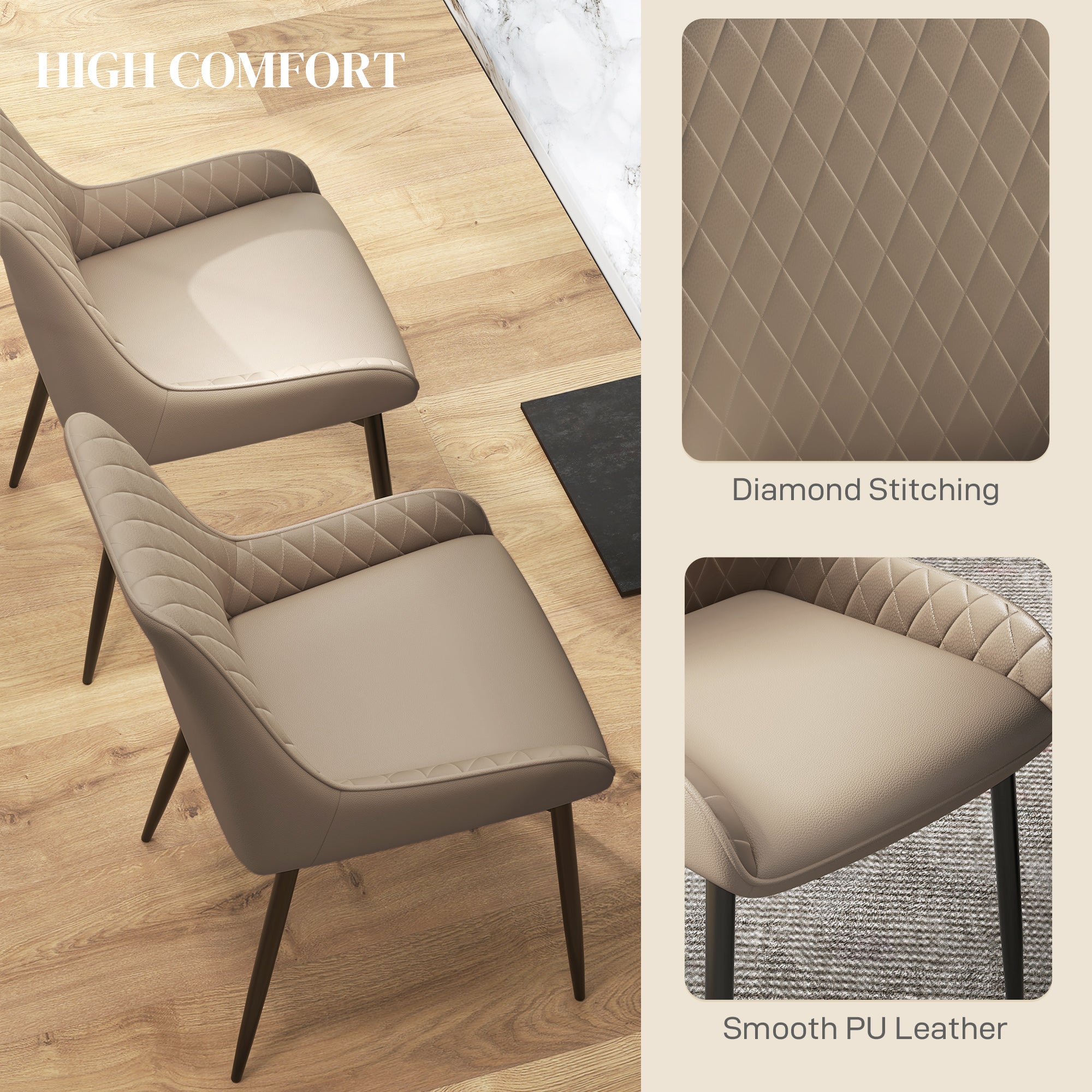 HOMCOM Dining Chairs Set of 2, Modern PU Leather Upholstered Kitchen Chairs with Diamond Tufted Backs and Steel Legs for Living Room, Dining Room, Bedroom, Khaki