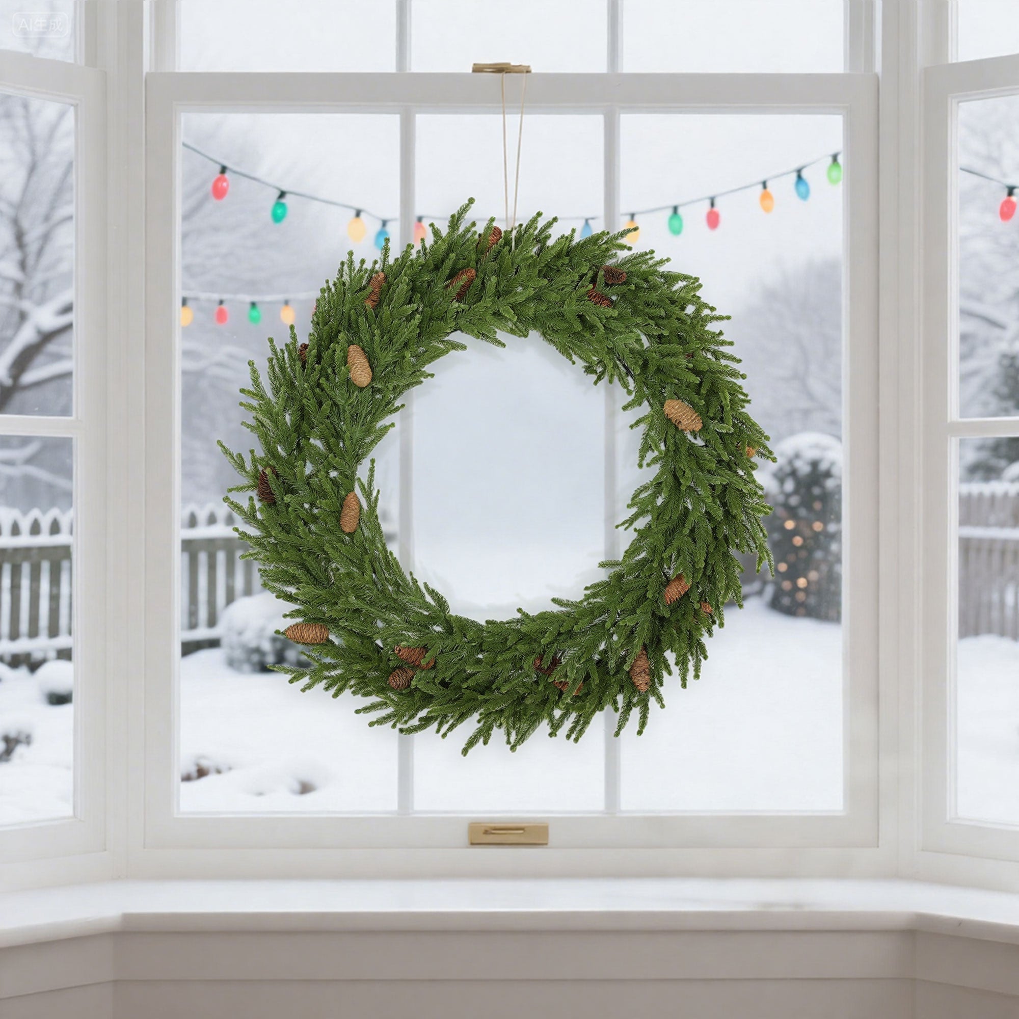 36 inch Christmas Wreath with Pine Cones, Artificial Norfolk Pine Wreath with 224 Realistic Branches for Door, Wall, Window, Indoor Decoration, Green