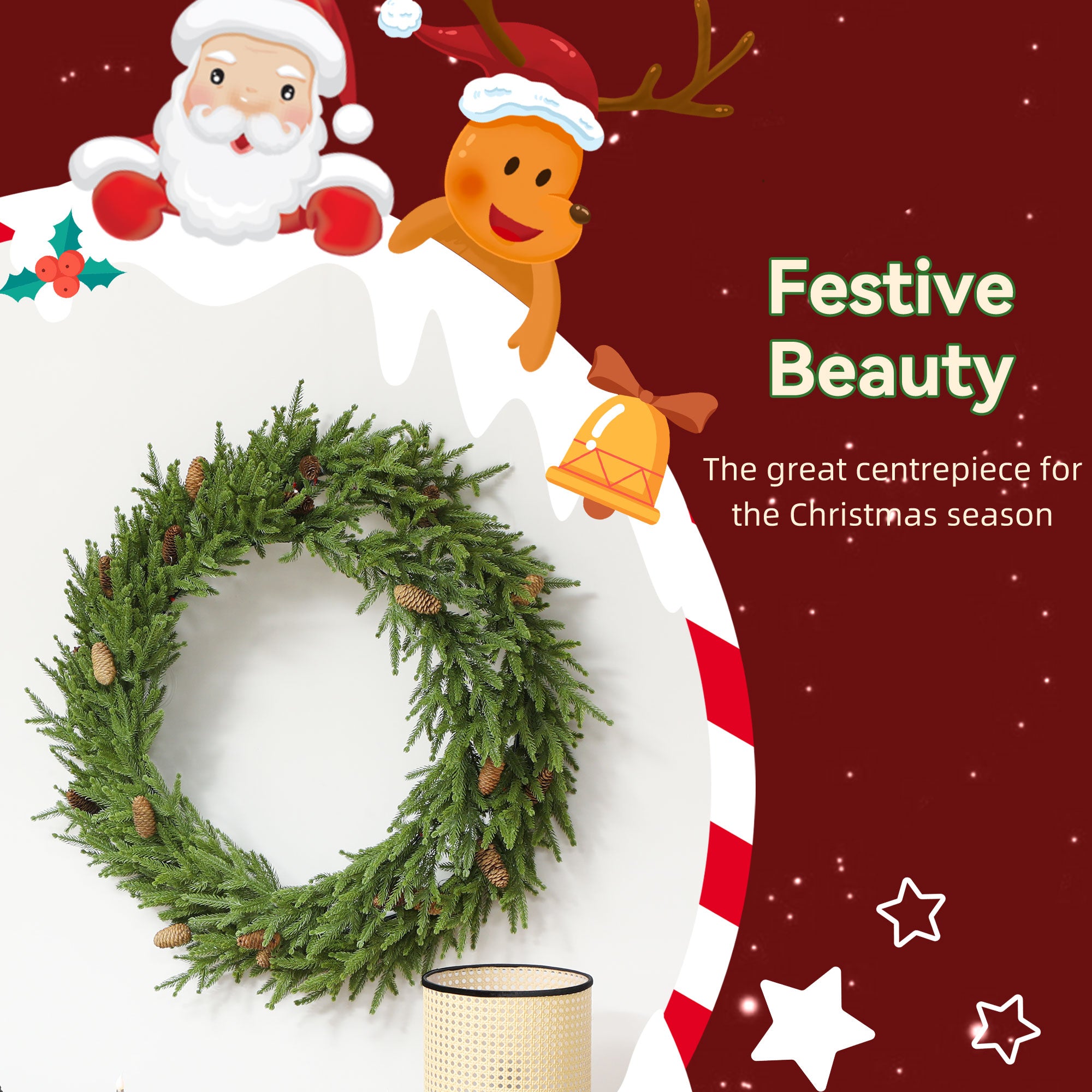 36 inch Christmas Wreath with Pine Cones, Artificial Norfolk Pine Wreath with 224 Realistic Branches for Door, Wall, Window, Indoor Decoration, Green