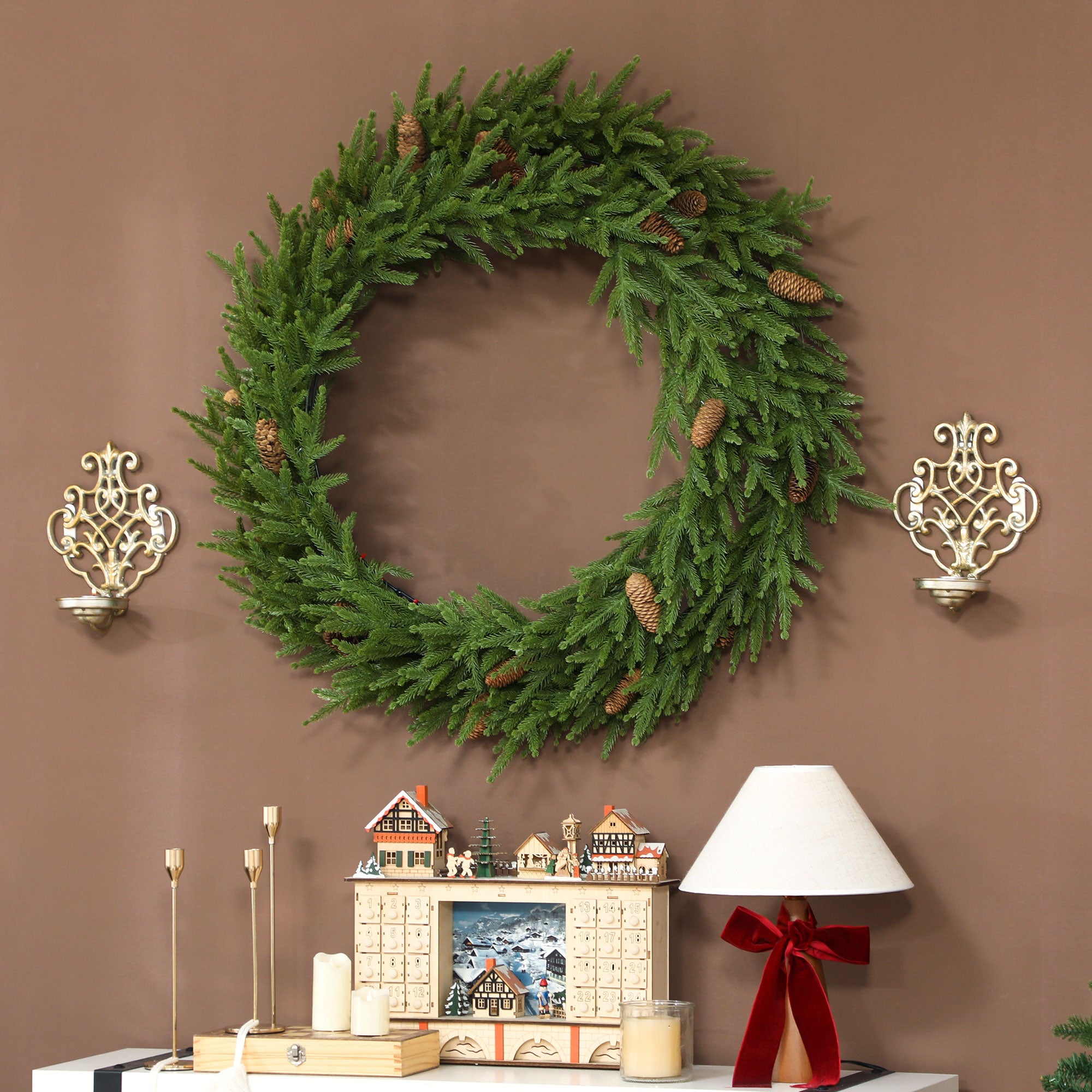 36 inch Christmas Wreath with Pine Cones, Artificial Norfolk Pine Wreath with 224 Realistic Branches for Door, Wall, Window, Indoor Decoration, Green