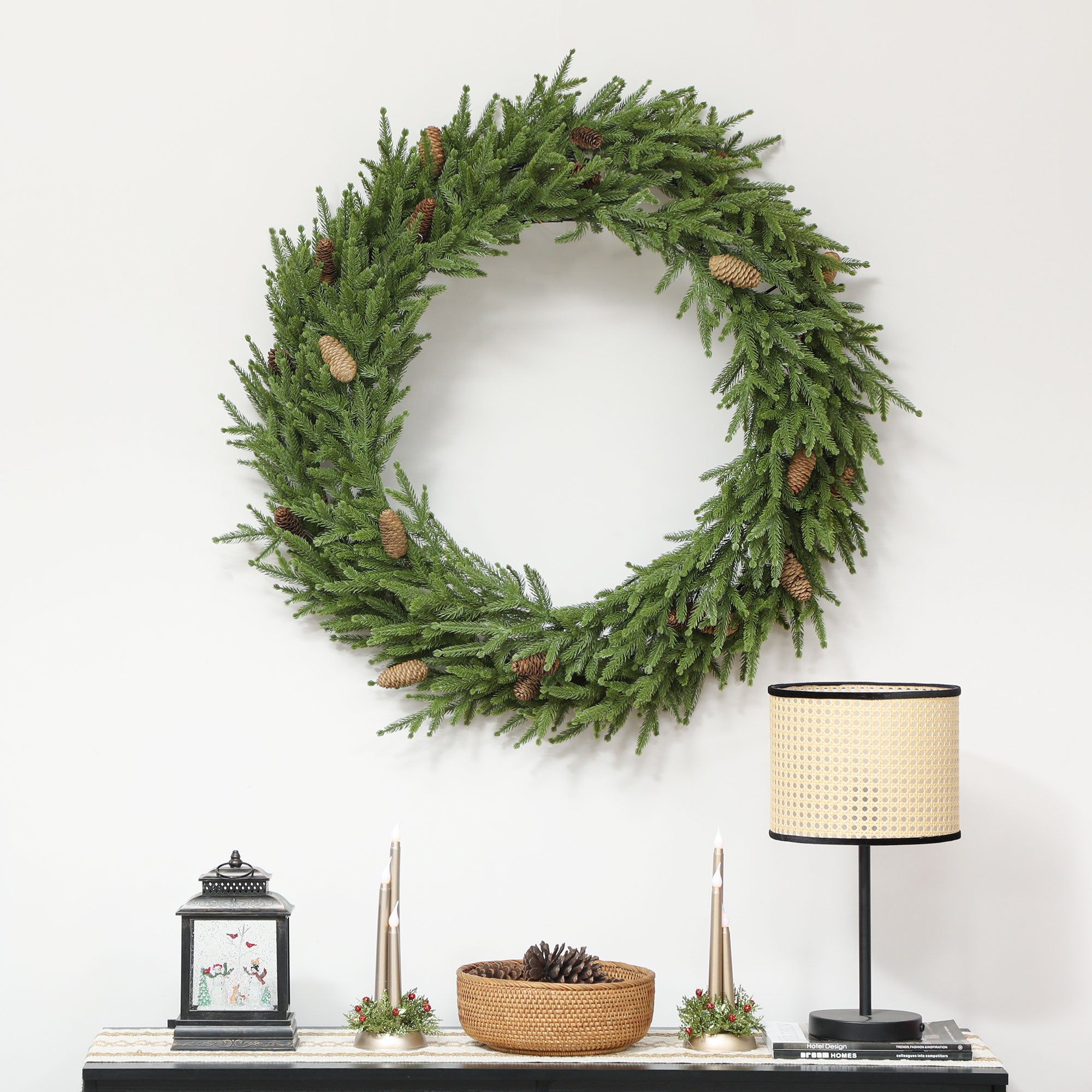 36 inch Christmas Wreath with Pine Cones, Artificial Norfolk Pine Wreath with 224 Realistic Branches for Door, Wall, Window, Indoor Decoration, Green