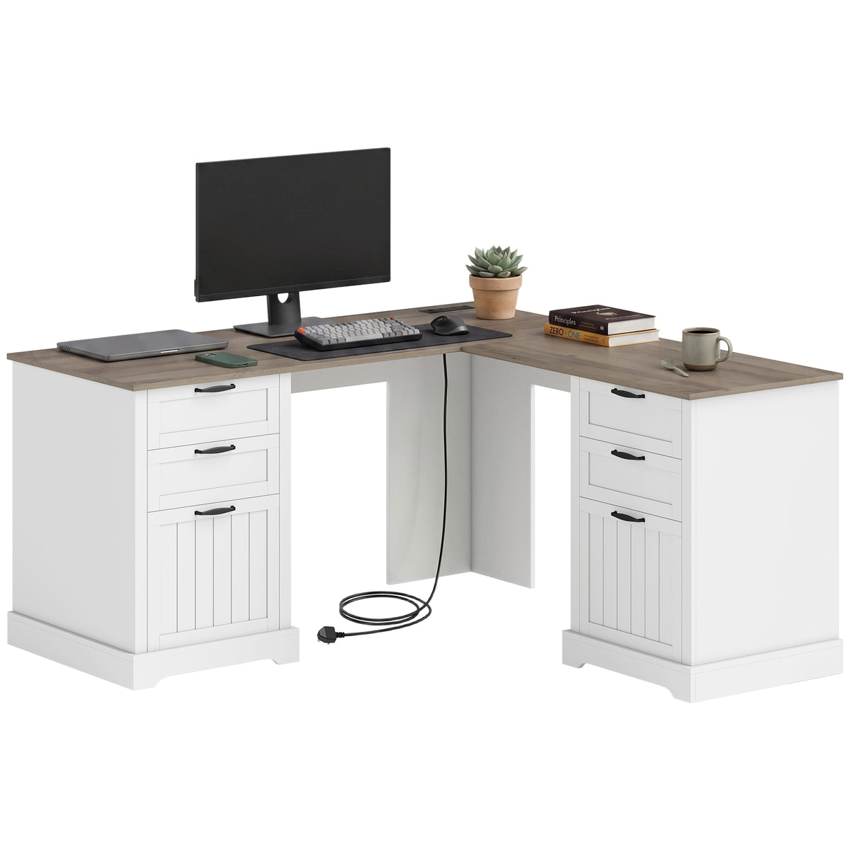 L Shaped Computer Desk with Power Outlets & USB Charging, Corner Desk with 6 Drawers, Hanging Bar for A4 and Letter Size, Study and Home Office, Brown and White