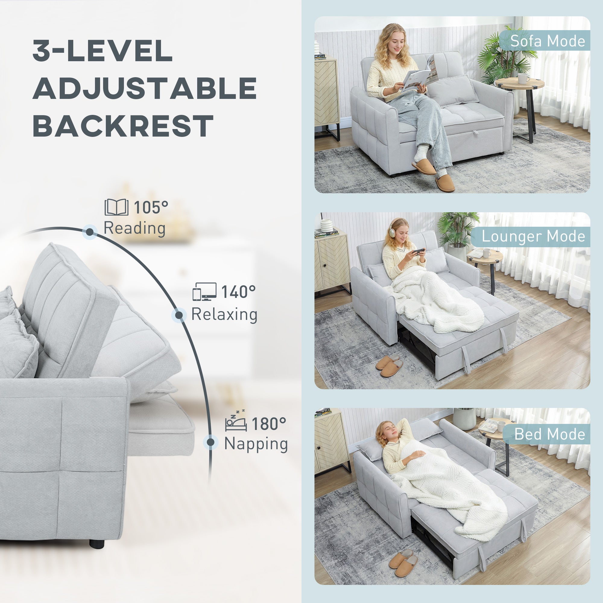 2 Seater Sofa Bed, 3-in-1 Convertible Sleeper Sofa with Click-clack Adjustable Backrest and 2 Pillows, Pull Out Corn Velvet-feel Fabric Bed Settee for Living Room, Guest Room, Light Grey